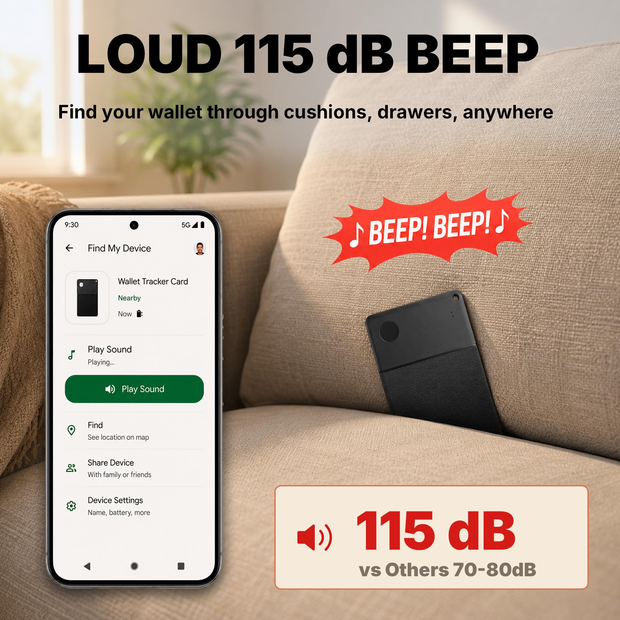 Wallet Tracker-Karte für Android, ultradünn, 2,5 mm Bluetooth-Karten-Tracker, 5 Jahre Akku, lauter 115 dB Locator für Geldbörse, Reisepass, Gepäck, funktioniert mit Google Find Hub (nur Android)