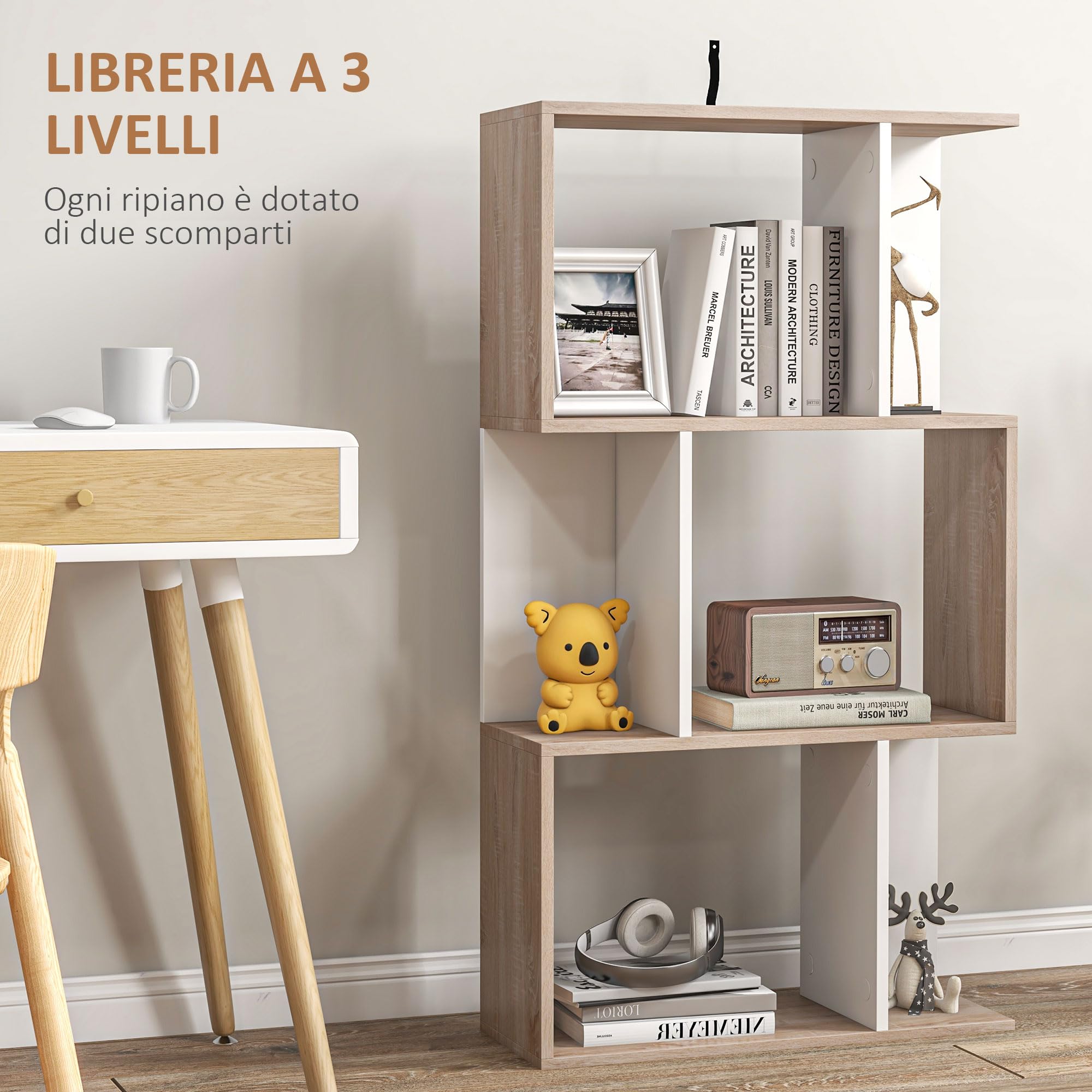 HOMCOM Libreria di Design Scaffale Moderna 3 Ripiani 60 × 24 × 111.4cm | Scaffale Ufficio, Legno