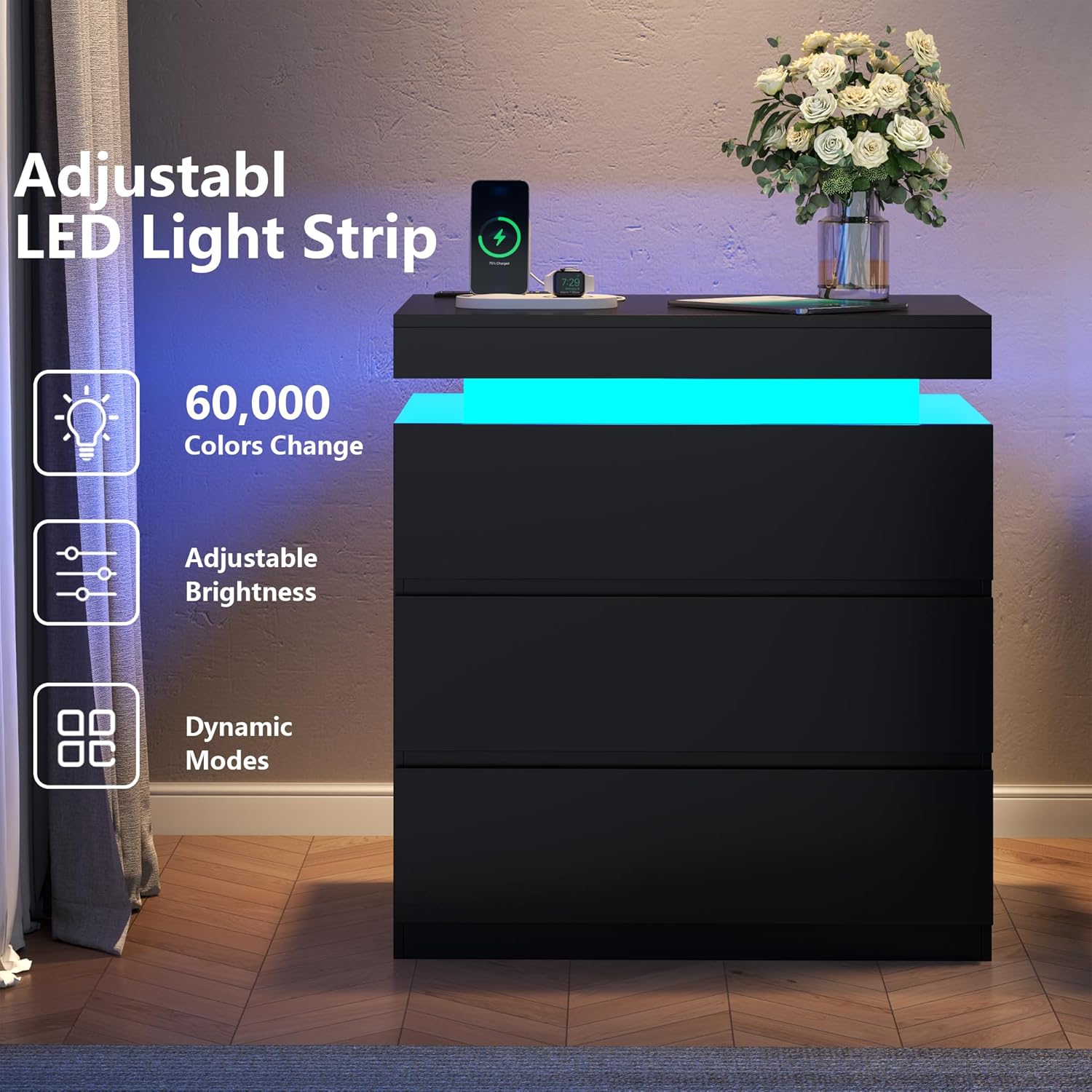 Black Nightstand Set of 2 with Charging Station and LED Lights, Night Stand with 3 Storage Drawers, Modern Bedside Table for Bedroom, End Side Table for Living Room (Black, 2 Pieces)