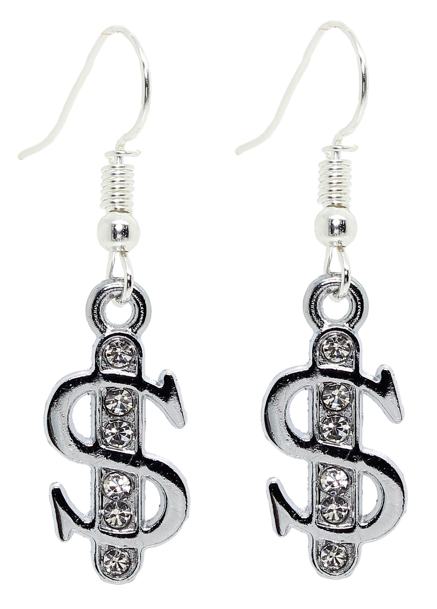 bluebubbleLUCKY DOLLAR Silver Diamante Dollar Sign Dangle Earrings on Gift Card