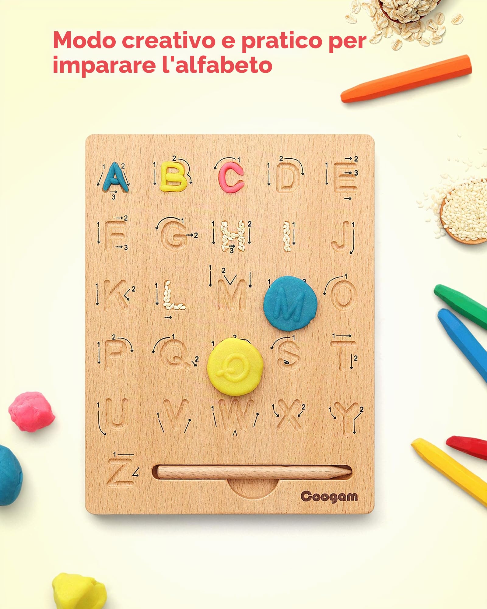 Coogam Lettere in Legno Tracing Board Double-Sided, Alfabeto 123 Numeri Cognizione Montessori Apprendimento precoce STEM Giocattolo prescolare Regalo per Bambini di 3 4 5 Anni