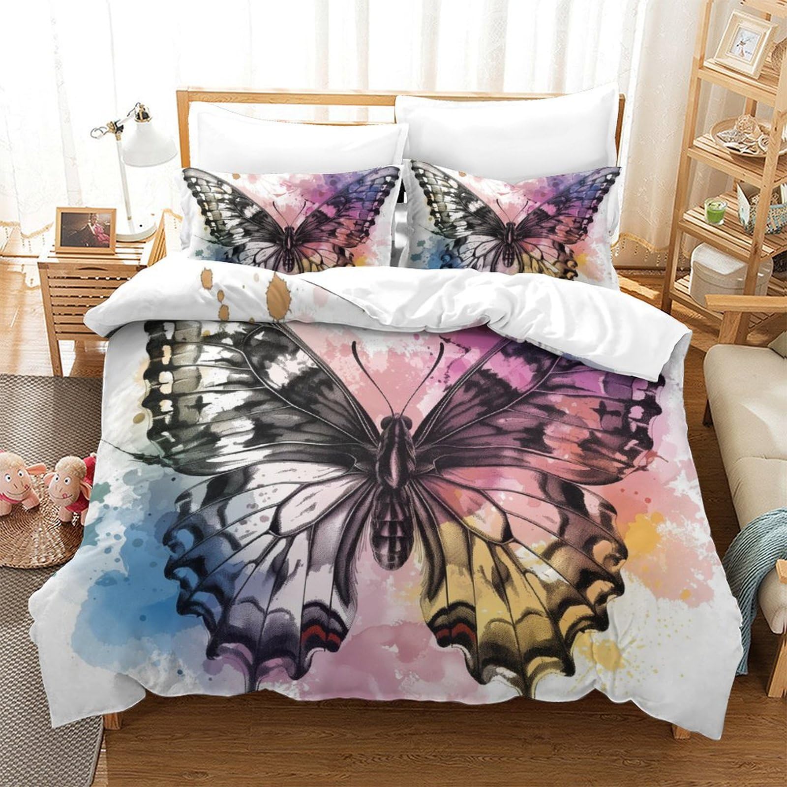 Housse de couette papillon grand lit pour chambre d'enfant et ado zippée