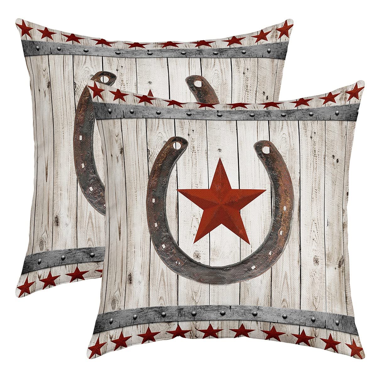 Castle Fairy Western Cowboy Throw Pillow Cover 18"x18",Retro Cabin Wood Double Sides Print Cushion Cover for Bed Sofa,Western Stars Horseshoe 2 Pack Square Couch Pillow Cover