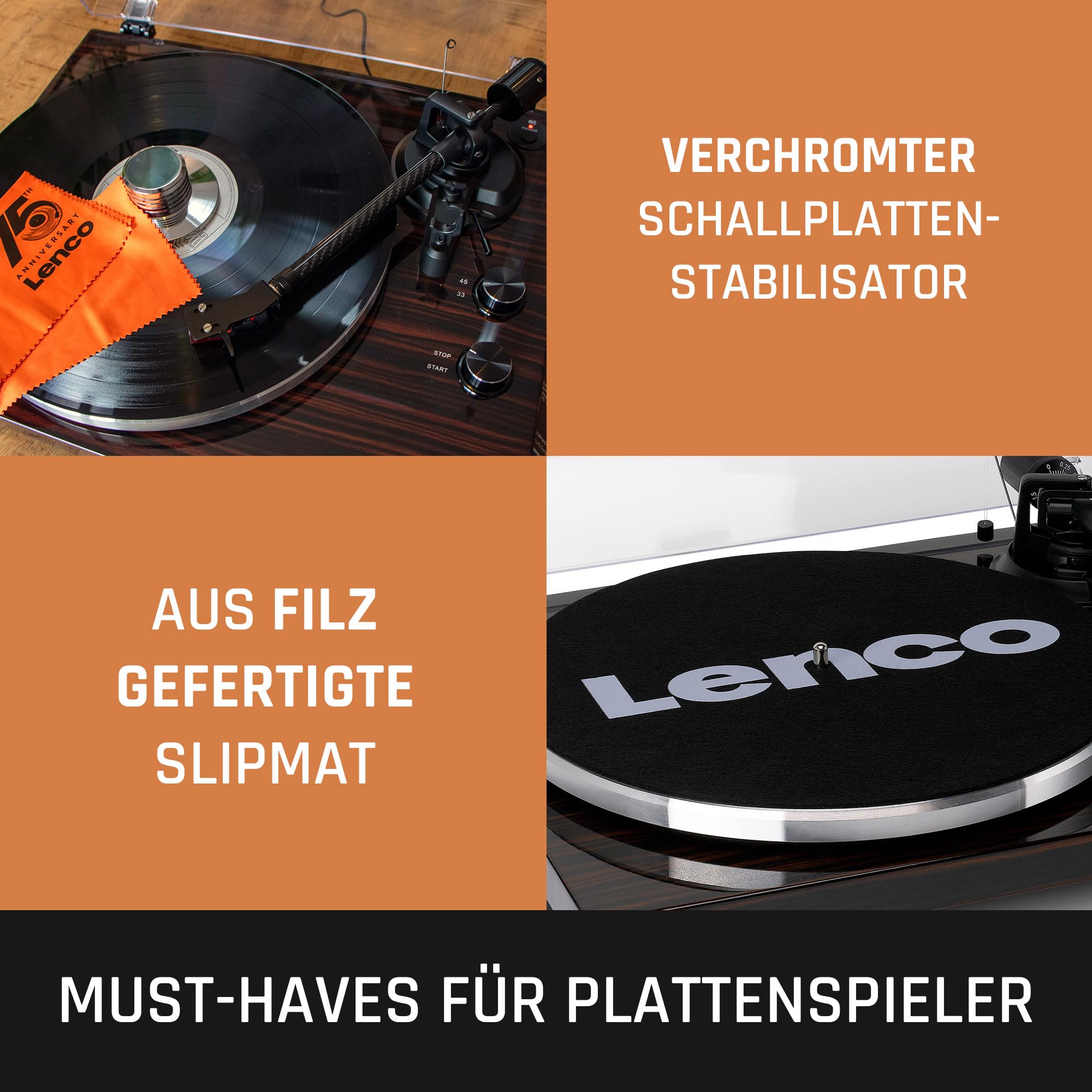 Lenco LBT-345WA - Plattenspieler mit Bluetooth® und 2M Red Tonabnehmer, inklusive verchromtem Plattenspielerstabilisator - Walnuss