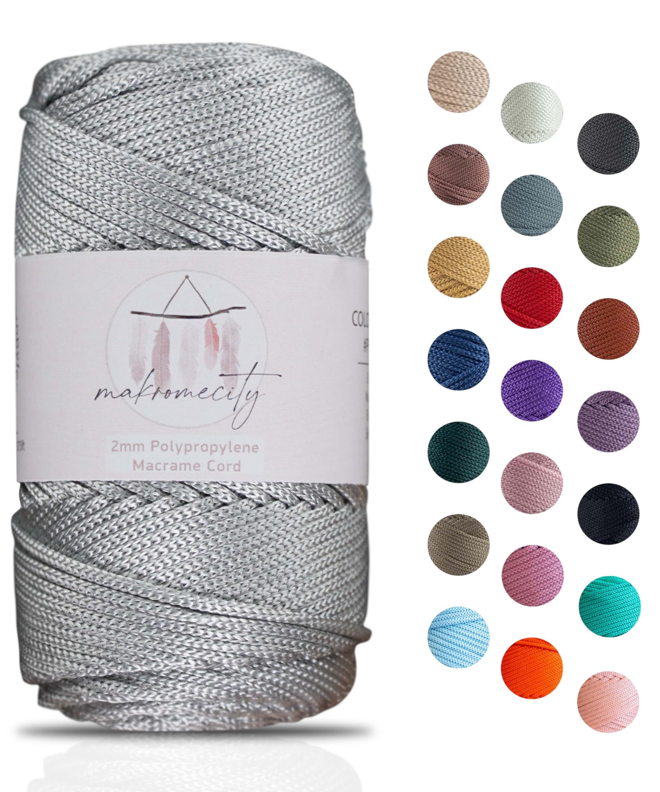 Makromecity, Macramé Polyester Cord - 2 mm x 114.3 m 2 mm - Light Grey - For Wall Hanging, Bags, Trivet Mat, Rug
