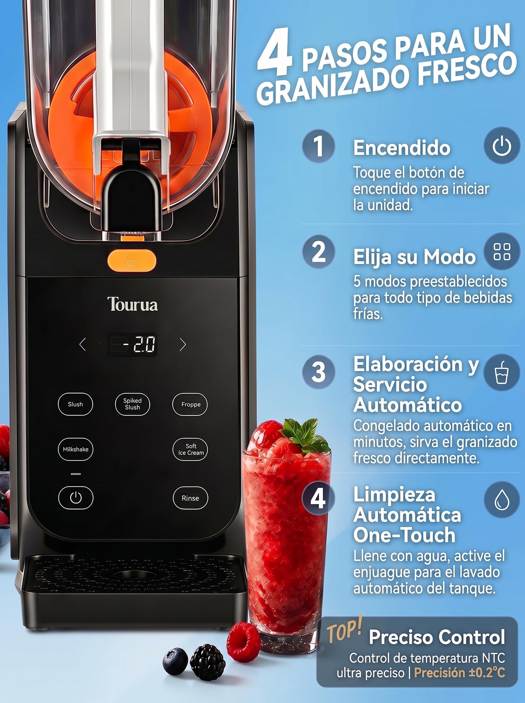 Máquina para granizados, depósito grande de 2,8 L, enfriamiento rápido de 15 minutos, retención de frío 24 horas, autolimpieza con un botón, 5 programas, máquina de hielo multifunción para