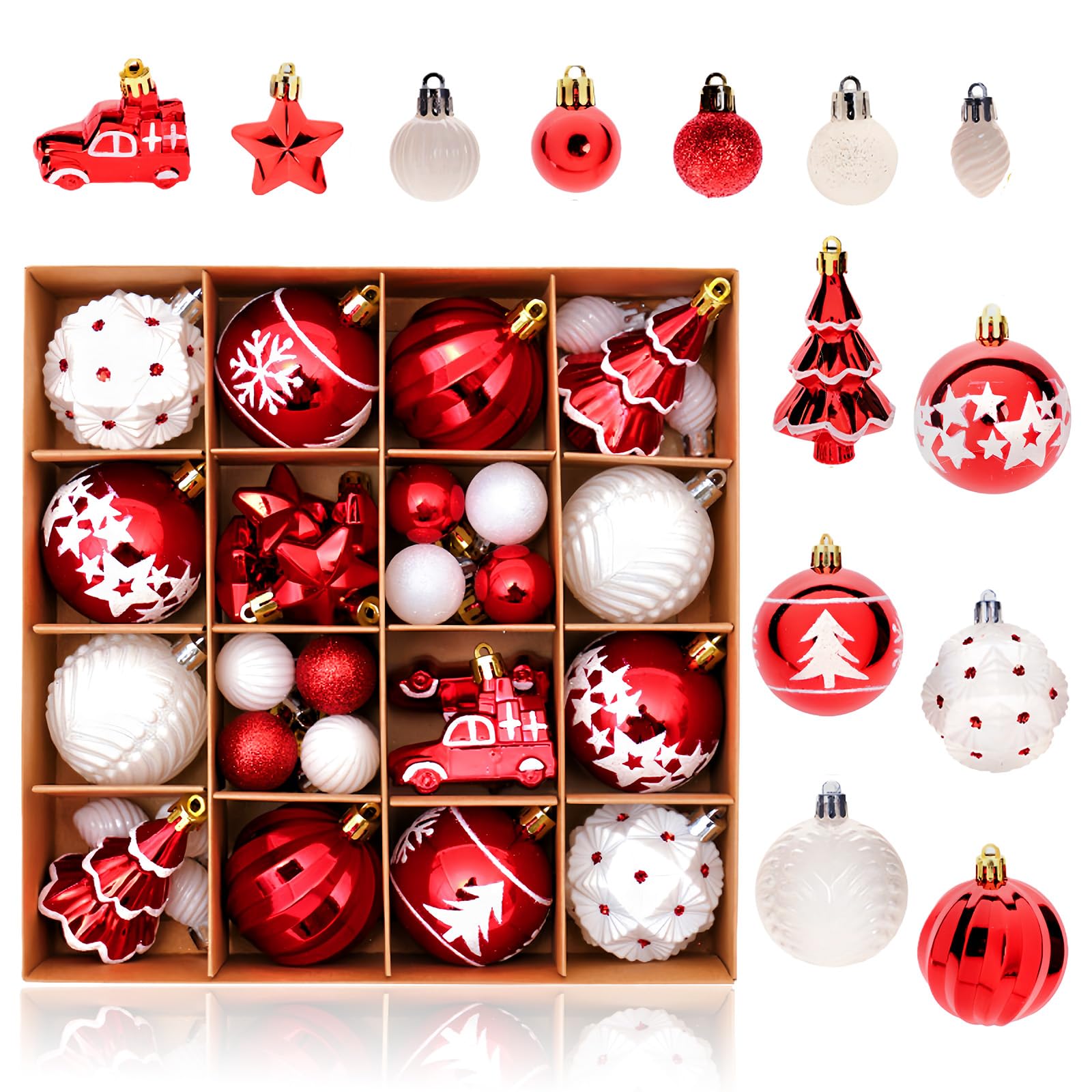 42pcs Christmas Balls Ornaments,Red and White ChristmasTree Baubles Xmax Hanging Ball Ornaments Decor Mini Shatterproof Hanging Balls for Xmax Tree Christmas-Decor Indoor for Home Party Gift