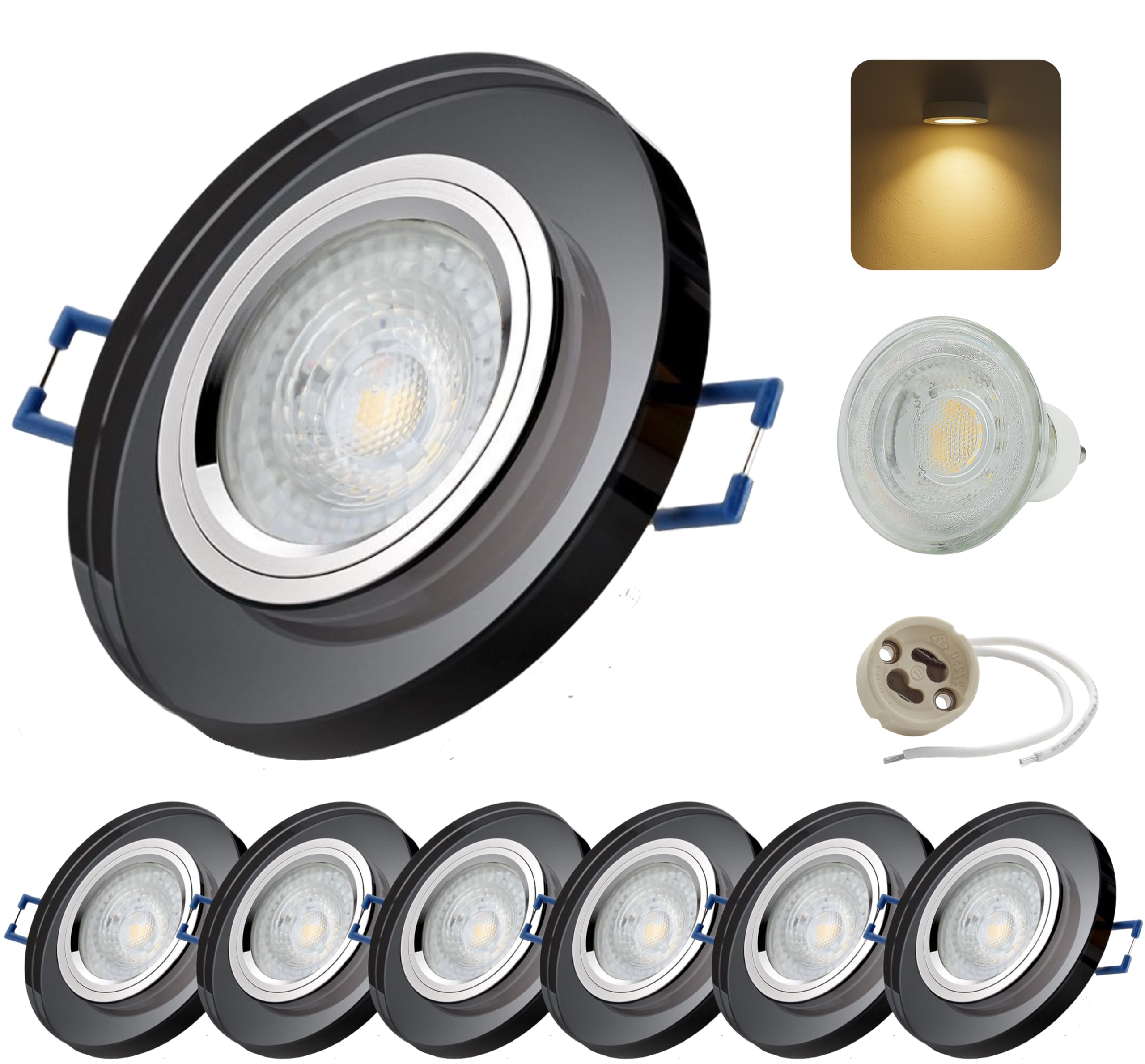 Sweet Led Einbaustrahler Glas 230V – 7W LED Spots, 530 Lm Warmweiß – GU10 Deckenspots, runde Einbauspots 68 mm, Schwarz – 3000K Deckenstrahler 6er Set