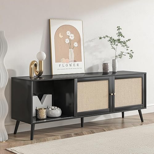 Miniatura 6 de Soporte de TV de ratán para TV de 75 pulgadas, consola de TV bohemio, gabinete multimedia con puertas correderas, soportes de televisión de granja,