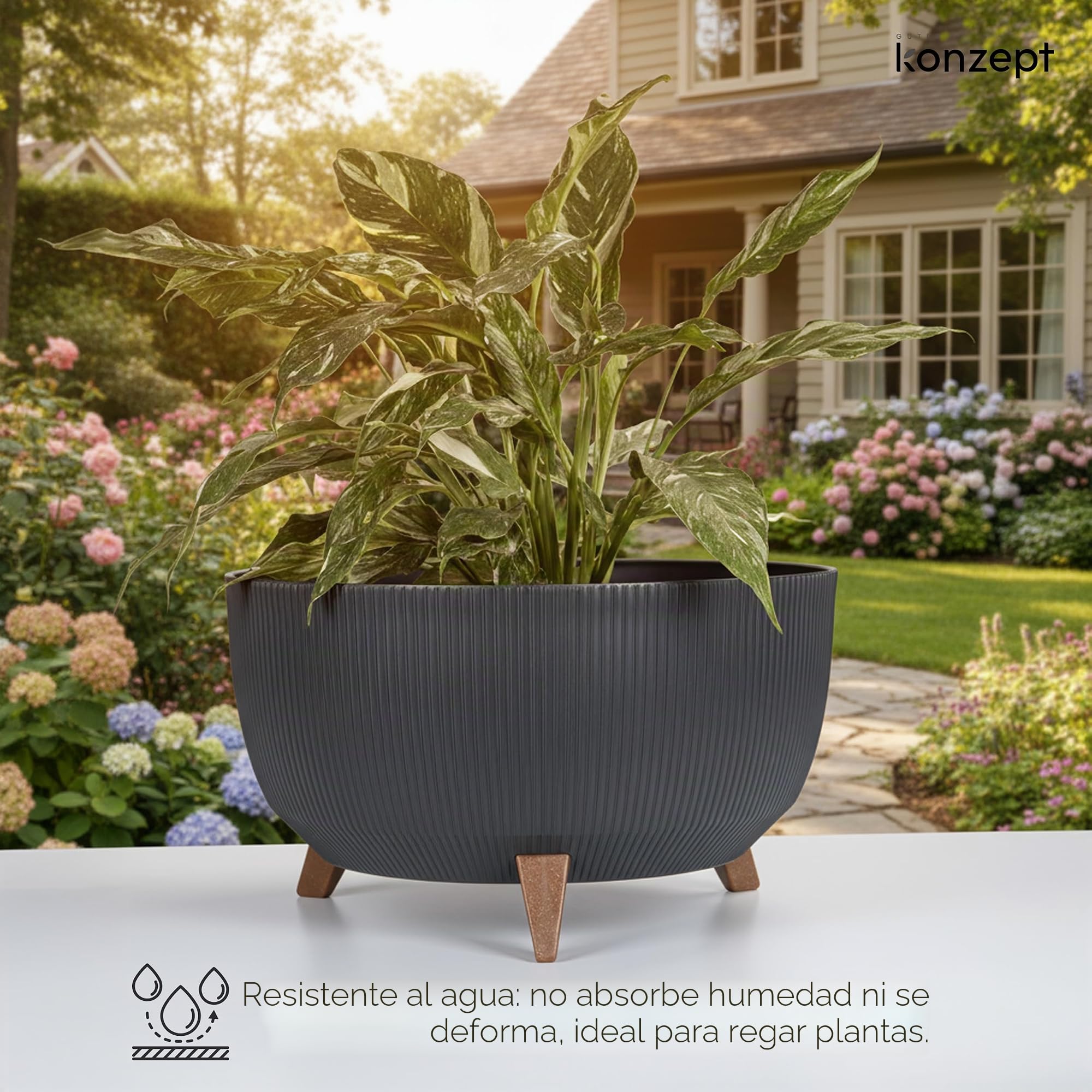 KONZEPT Macetero con patas – Maceta grande de plástico redondo de 47 cm – Moderna y resistente a la intemperie, para interior y exterior
