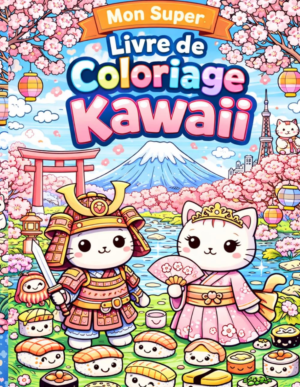 Mon Super Livre de Coloriage Kawaii : Chats, Ninjas et Sushis - 30 dessins trop mignons à colorier.: Un voyage adorable au cœur du Japon, entouré de personnages Kawaii dans des scènes amusantes.