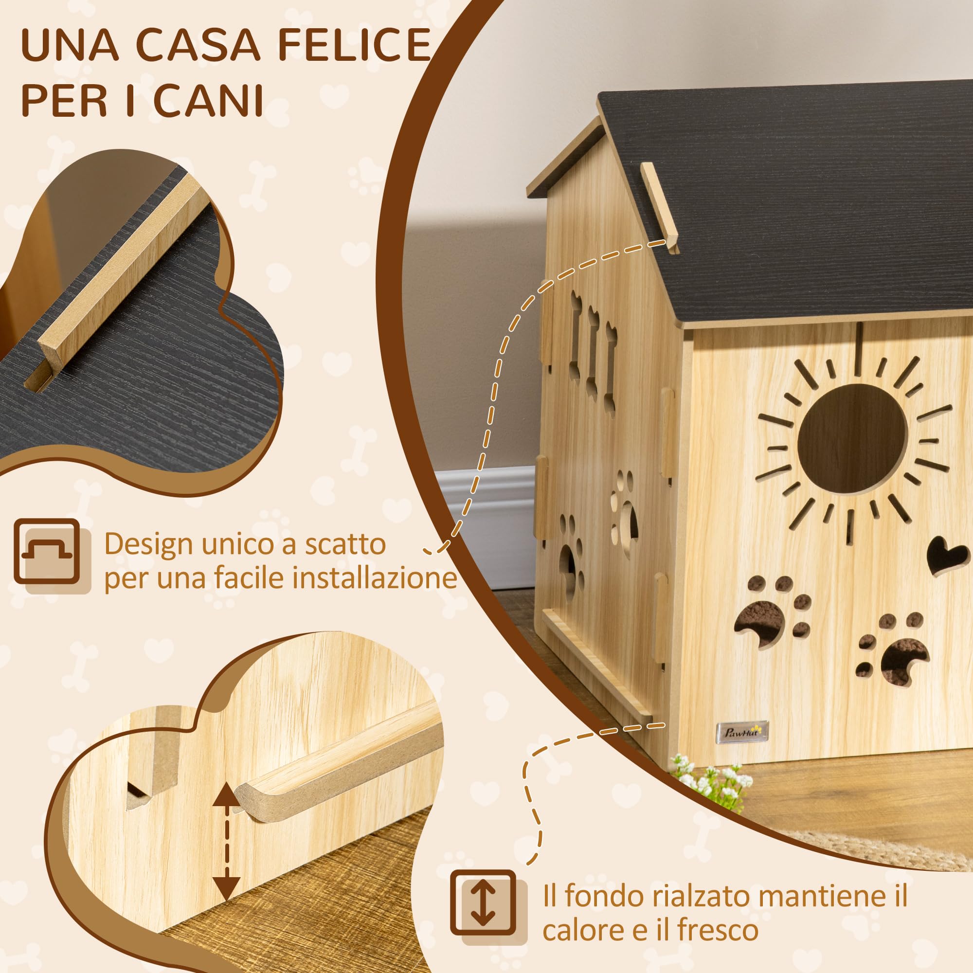 PawHut Cuccia per Cani da Interno, Casetta per Cani e Gatti con Struttura in Legno e Aperture a Forma di Zampa, Cuore e Ossa, Cuccetta per Soggiorno e Salotto, Rovere