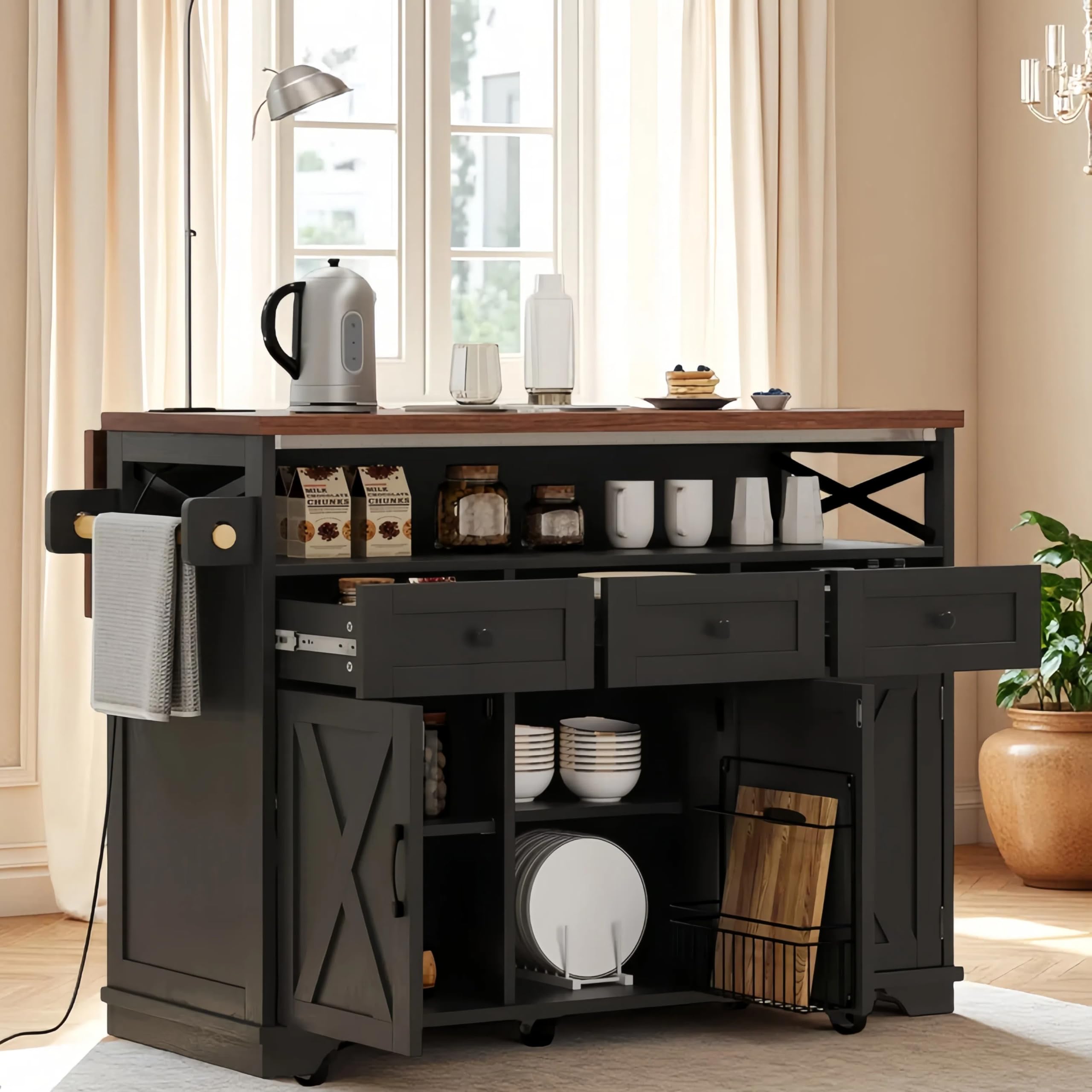 Ball & Cast 46.5" Kitchen Island with Drape of Beads&Power Outlet,Rolling Kitchen Cart on 5 Wheels W/ 3 Drawers,Kitchen Storage Cart W/Internal Iron