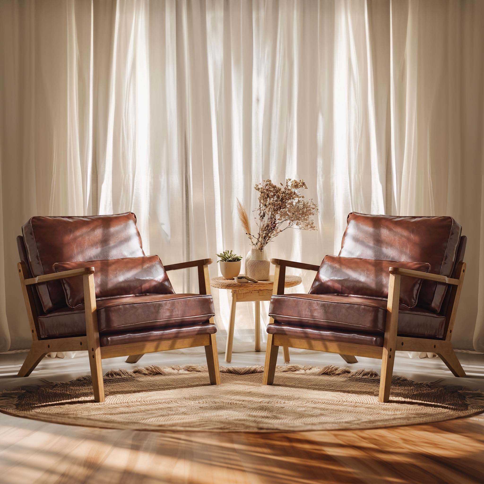 VINGLI Mid Century Modern Accent Chair,Upholstered Armchair with Lumbar Pillow & Wide Armrests, Comfy Occasional Chair with Solid Wood Frame for Living Room, Bedroom, Small Spaces (Dark Brown-2pcs)