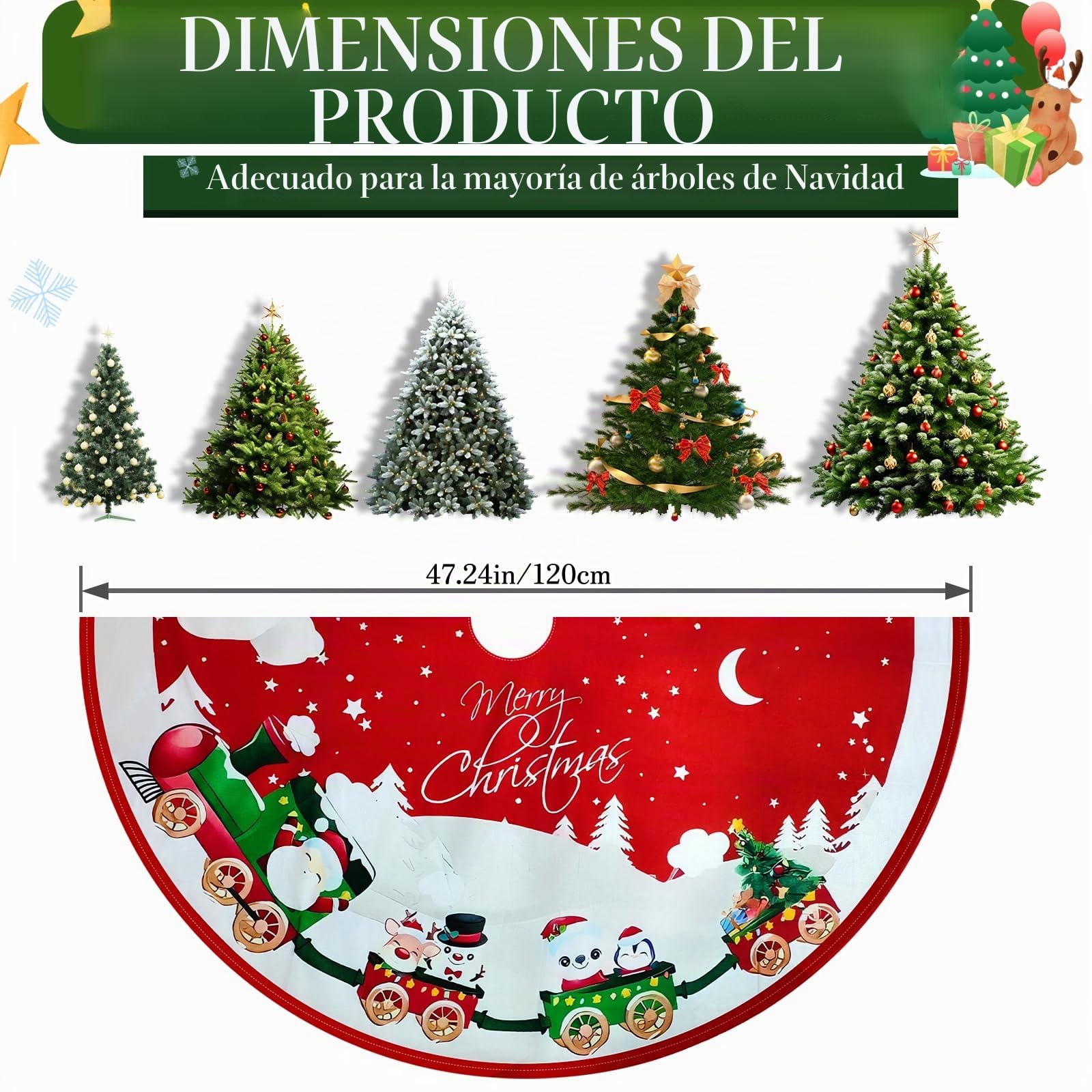 Falda de Árbol de Navidad, Alfombra de Árbol de Navidad, con Motivos de Muñecos de Nieve, Copos de Nieve y Trenes, para la Decoración Navideña del Hogar, Rojo