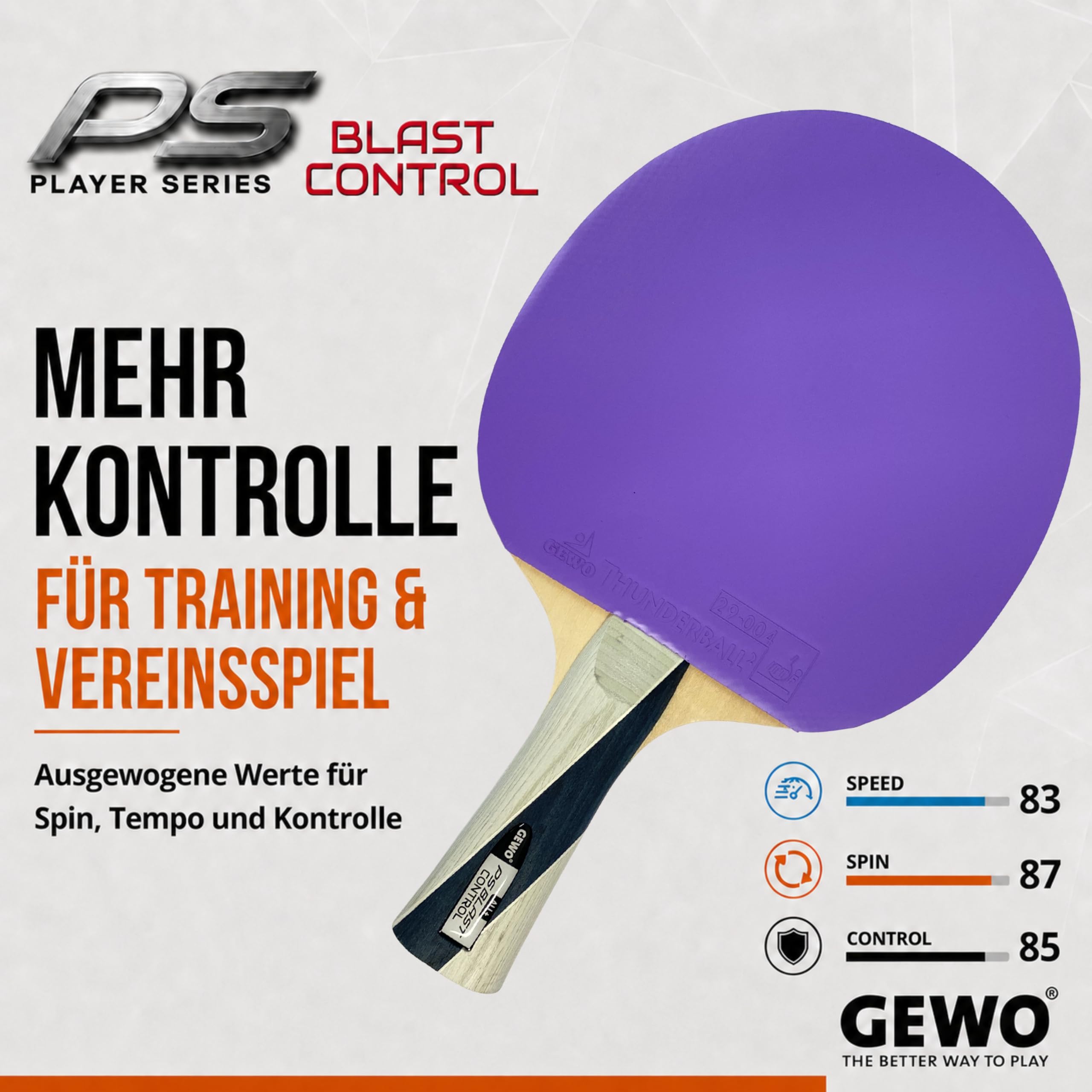 GEWO PS Blast Control - Raqueta de Ping Pong de Mesa Profesional aprobada por la ITTF con Revestimiento Thunderball 2 controlado y Altas propiedades de rotación, cóncava, Esponja de 1,8 mm