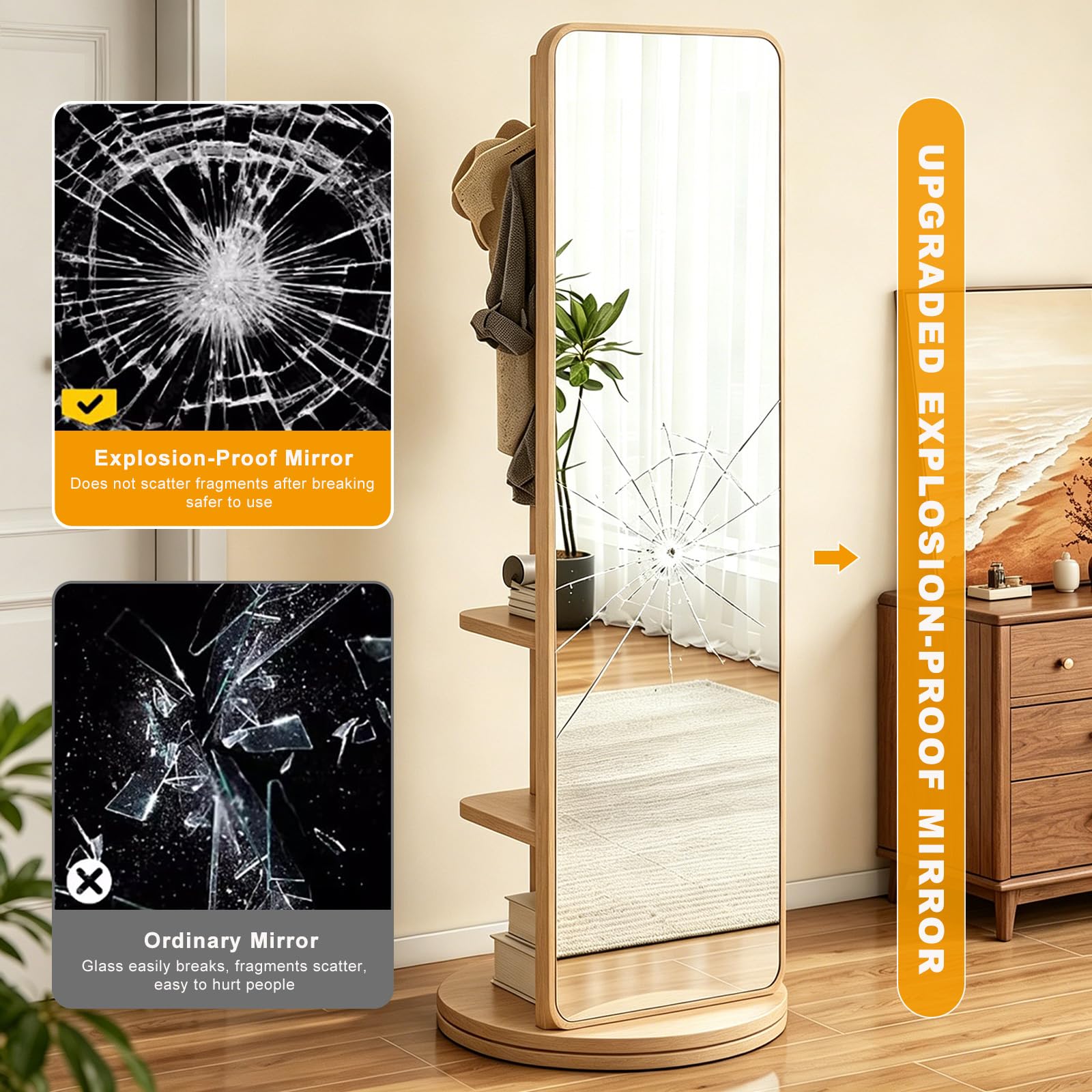 Miroir Pleine Longueur Rotatif à 360° avec Portemanteau en Bois Massif pour Chambre