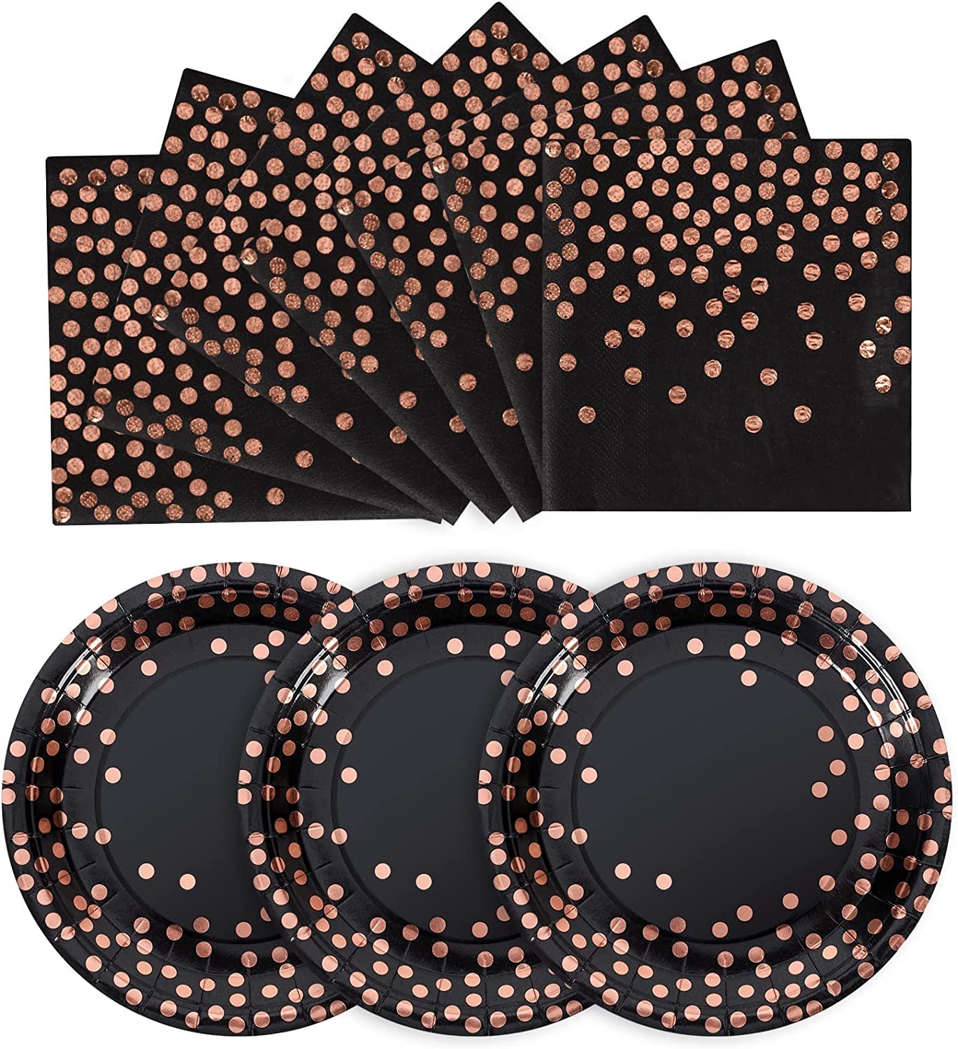 CENLBJ Black and Rose Gold Paper Plates and Napkins 50 Pack-25 * 7" Paper Plates & 25 * 6.5" Napkins,Party Supplies for Graduation Retirement,