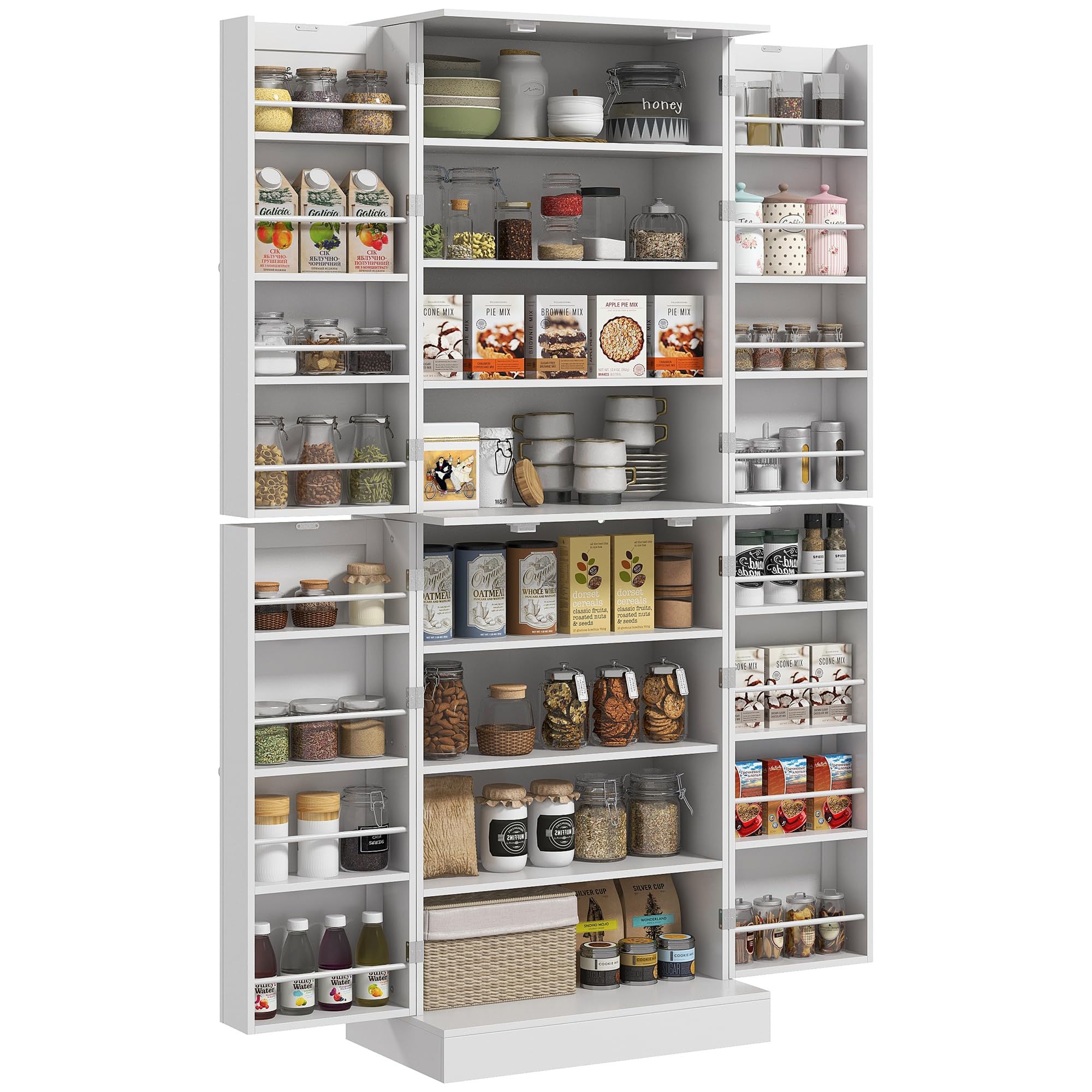HOMCOM Alacena de Cocina Alta, Armario Despensa Cocina Moderno con 4 Puertas con Estantes, Estantes Ajustables, Alacena para Sala de Estar, Comedor, Blanco