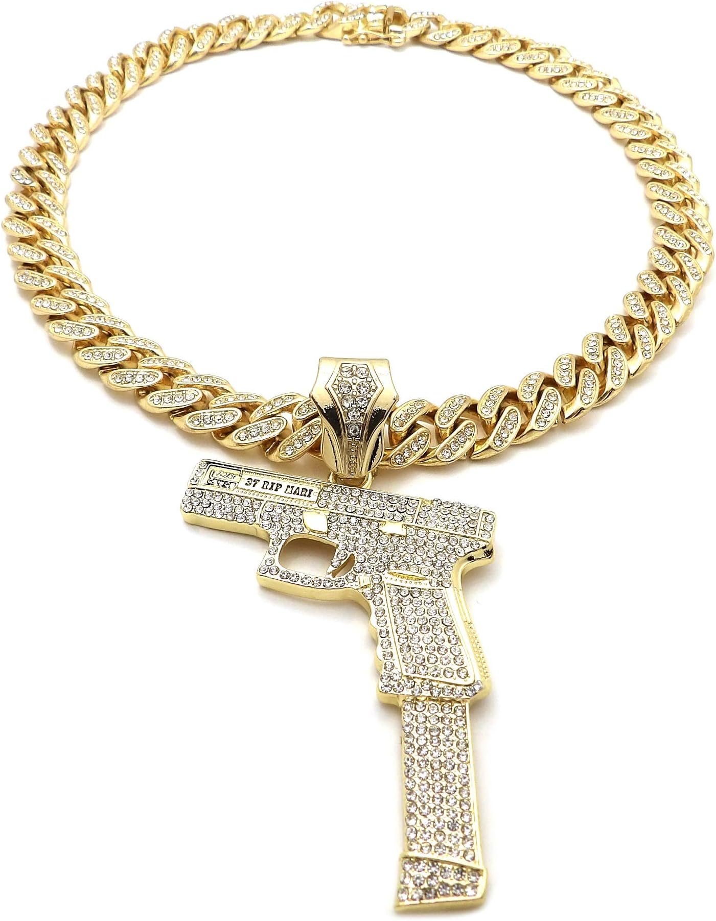 Hip Hop 37 RIP Mary Gun Pendant & 12mm 18" Full Iced Cuban Chain Necklace
