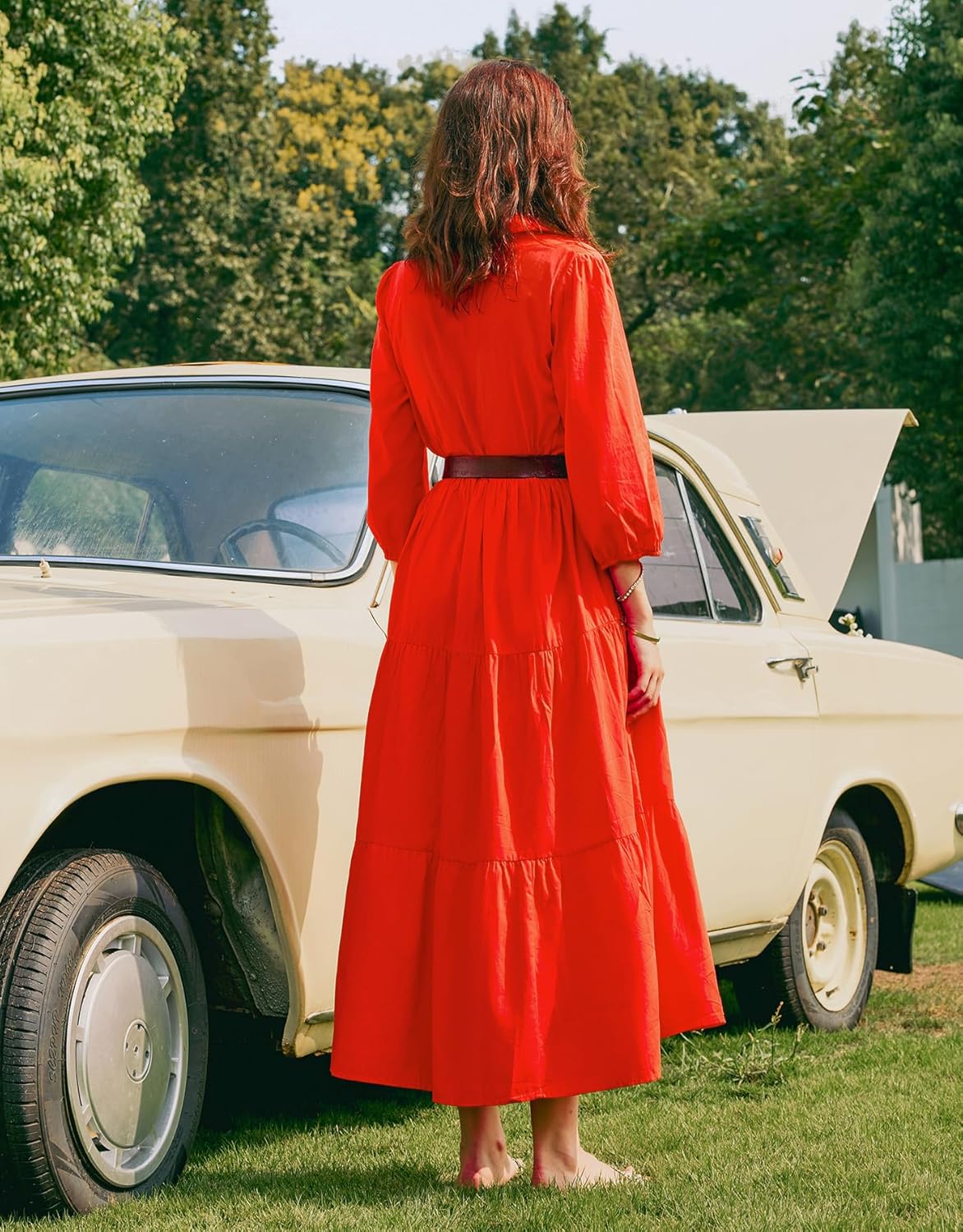 Women Button Down Maxi Shirt Dress Long Sleeve Flowy Tiered Collared Dresses with Pockets - Image 6