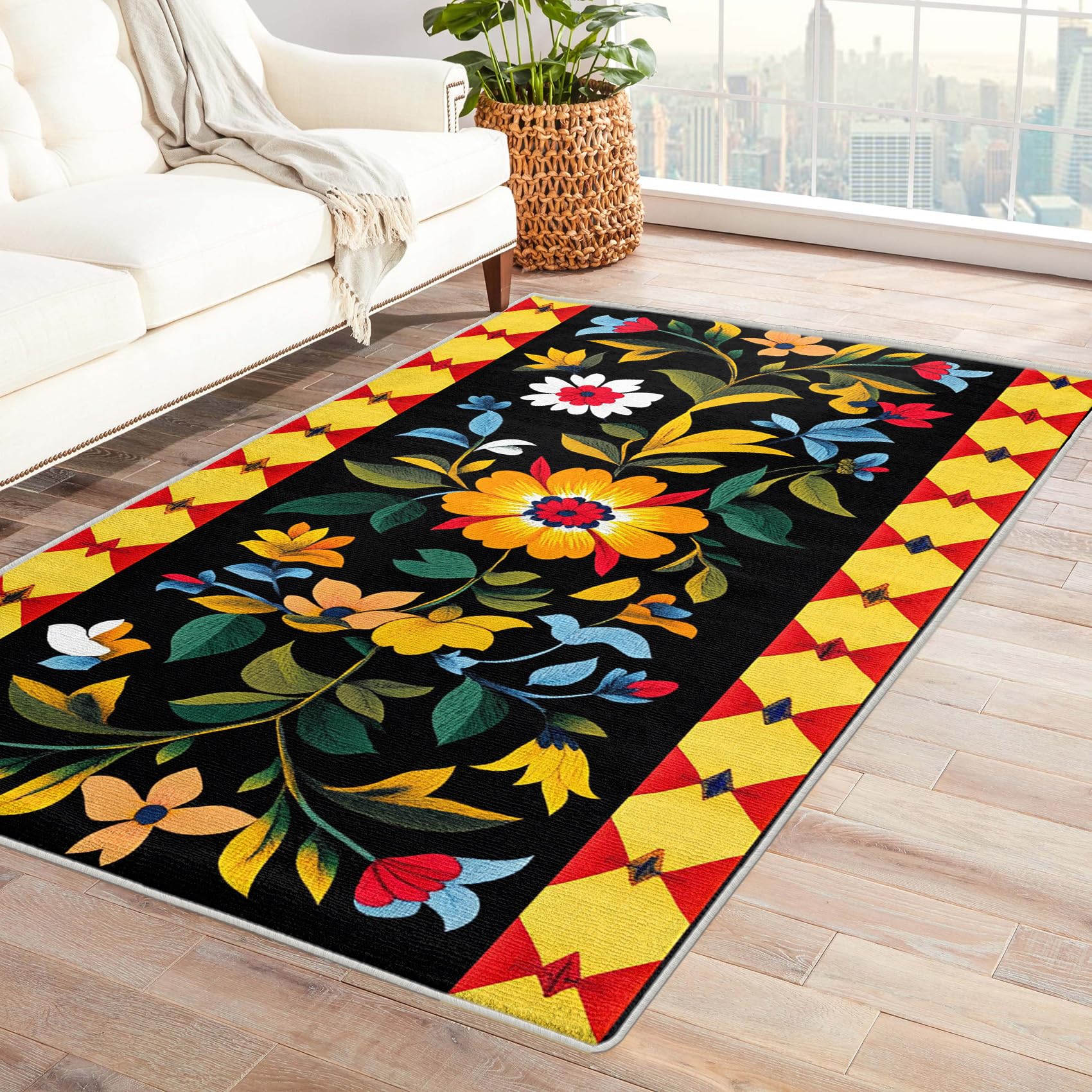 MMYAOKEN Mexican Rugs for Living Room - 2x3 Rug - Mexican Home Decor & Room Decor - Floral Area Rug - Colorful Flower Rugs for Entryway - Vintage
