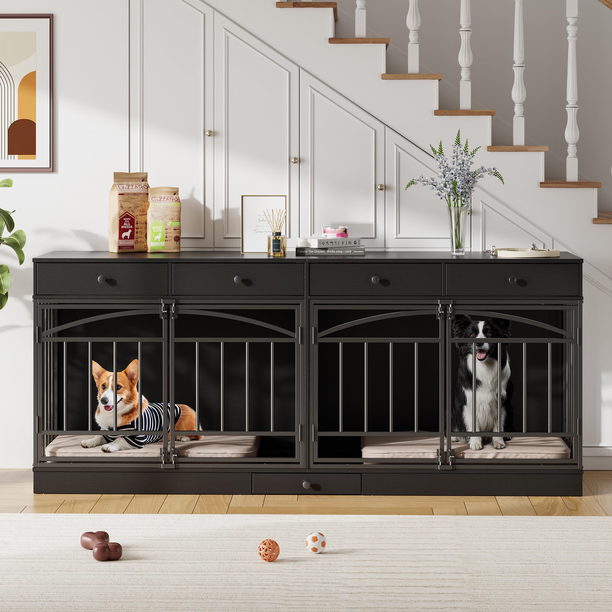 Photo 1 of ***FOR PARTS ONLY - MISSING PIECES/ NON FUNCTIONAL - AS IS NO RETURNS SALE FINAL***GarveeHome Dog Crate Furniture for 2 Dogs, Dog Kennel Indoor with 4 Storage Drawers and Feeding Bowls, Double Dog Crate TV Stand for Small Medium Dogs, Black