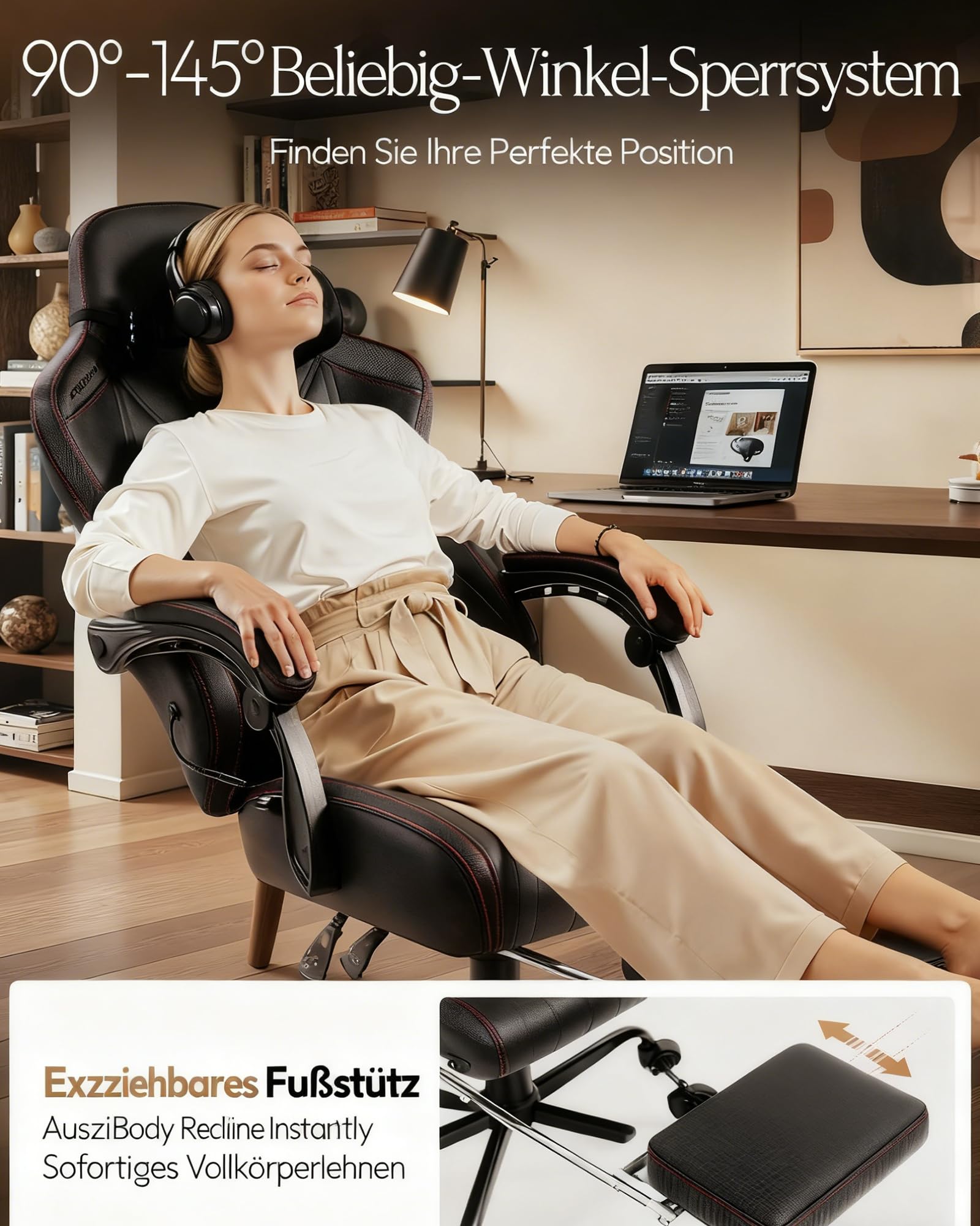 Dowinx Gaming Stuhl mit Massagefunktion, Ergonomisch Gestaltet Gaming Sessel mit Lendenwirbelstütze und Nackenstütze,Gaming Chair bis 135 kg Höhenverstellbar, Leder Geeignet für Erwachsene,Black