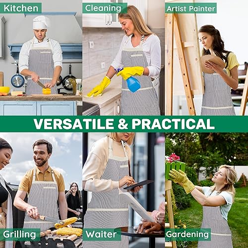 Miniatura 6 de Paquete de 2 delantales de cocina a rayas para hombres y mujeres, delantal ajustable con 3 bolsillos, delantal de chef para cocinar, hornear,