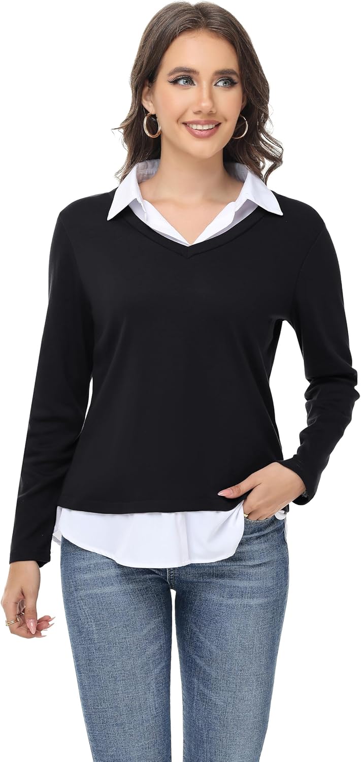 Womens Sweaters Fall Fashion 2025 V Neck Long Sleeve Collared Shirts Office Business Lightweight 2 in 1 Tops - Image 4