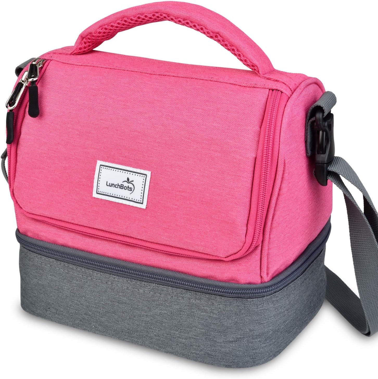 LunchBots Duplex Insulated Lunch Bag - Dual Section Design Fits Uno, Duo, Trio, Quad, Rounds, Bento Cinco Perfectly - Roomy Thermal Lunch Bag - Pink
