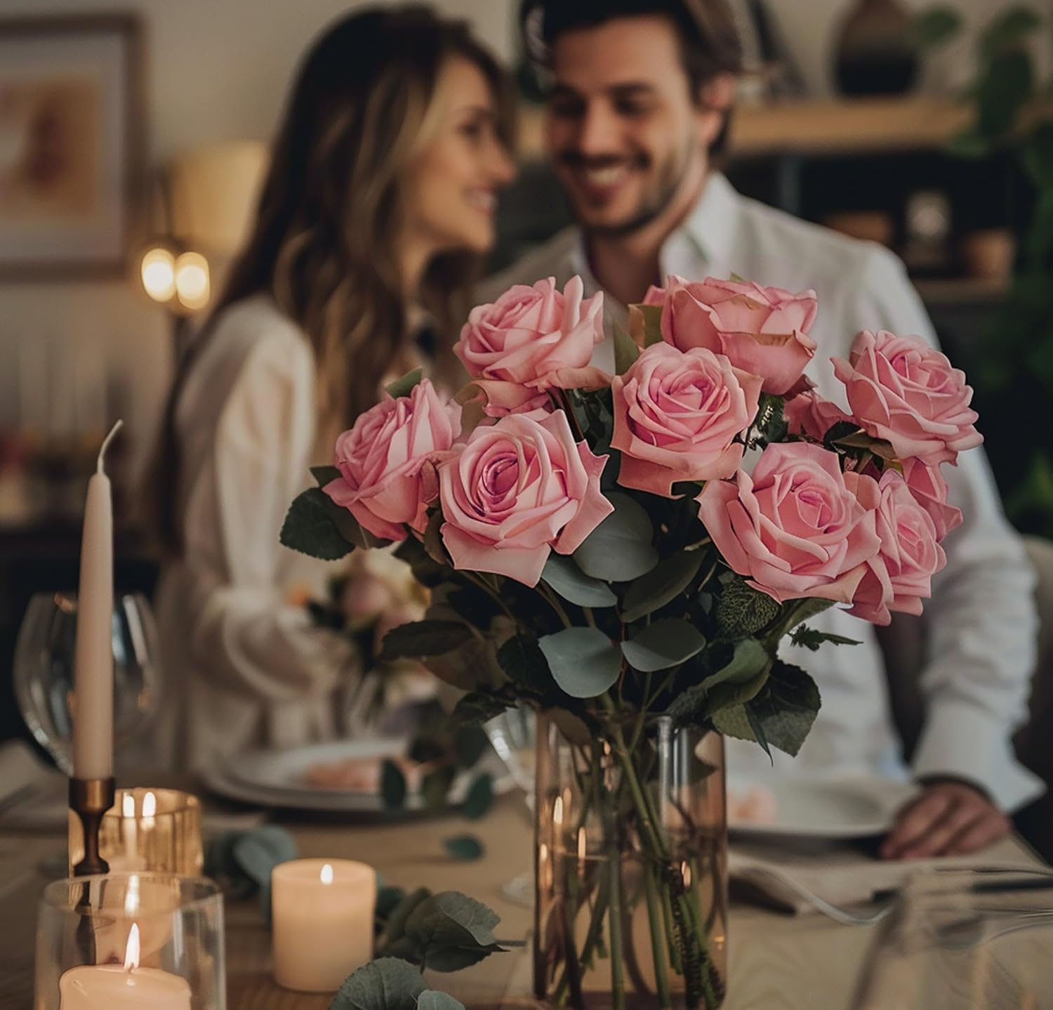 Real Touch Artificial Roses, 8PCS Long Stem Faux Flowers with Gift Box Packaging, Allergy-Free Floral Gift Set, Realistic Fake Roses for Home, Kitchen, Office, Wedding Décor, Gift Arrangement