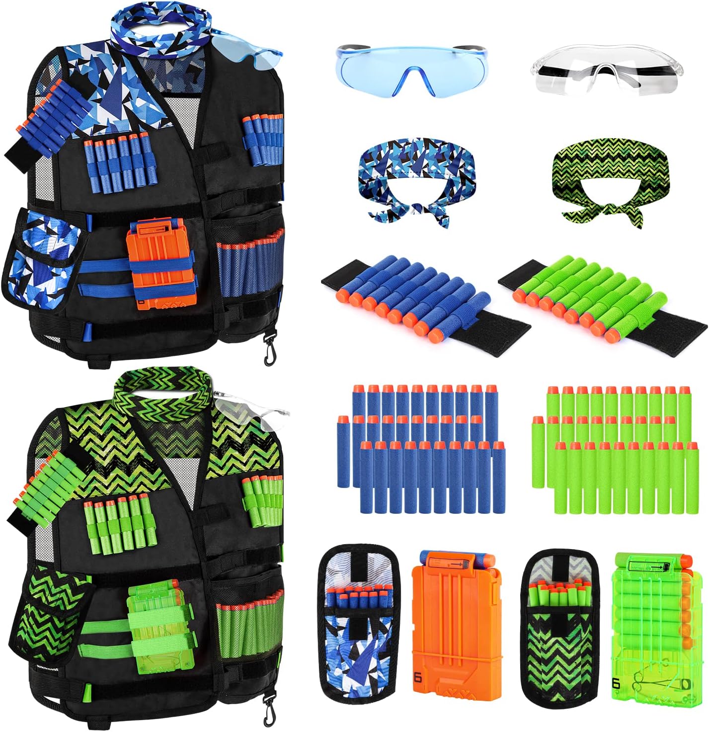 Nerf Vest Kit 2 Pack, Kids Tactical Vest Kit for Nerf Guns N-Strike Elite Series, with 60 Refill Darts, 2 Dart Pouch,2 Tactical Mask, 2 Reload Clips
