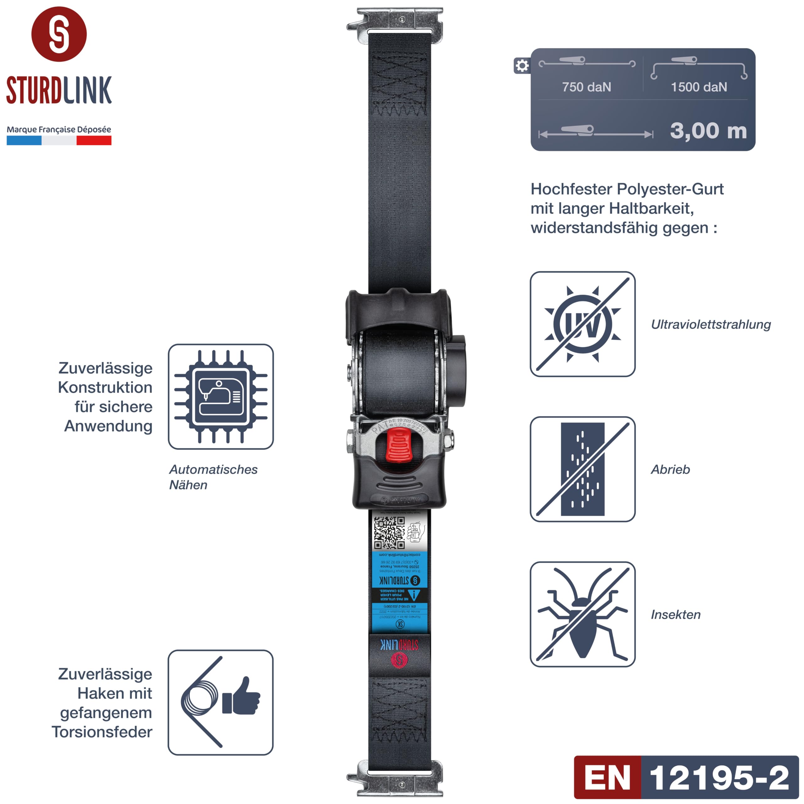 Automatische Spanngurte 3m 50mm mit E-Clip für E-Schienensystemen LC 750kg / 1500kg | Selbstaufrollender Gurtaufroller | Einziehbare Zurrgurte | Für Transporter LKW Anhänger mit Schienen | 4er-Set