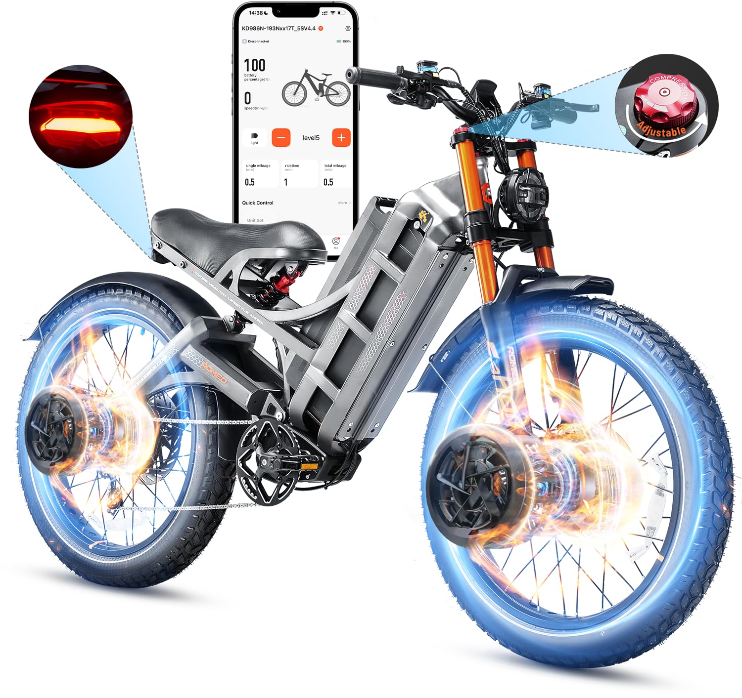 eAhora 2025 Romeo Pro 3/ Pro 2 5600W/ 4000W 50/46MPH Dual Motor Electric Bike for Adults, 80/70Ah/200+ Miles Long Range Electric Bike, 26'' Puncture-Proof Tire, 7-Speed Pedal Assist UL Certificate