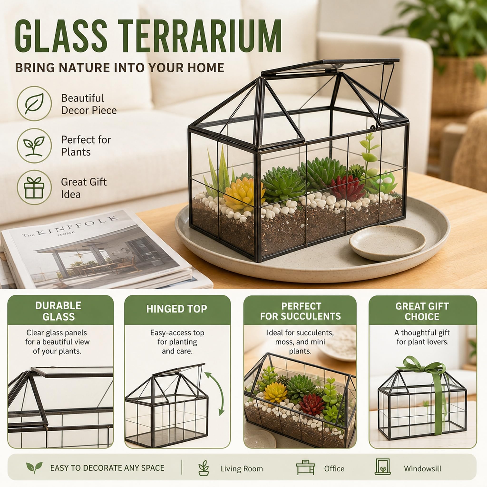 Ferrisland Terrario de Vidrio para Plantas de Aire, terrario de Vidrio para suculentas, Maceta geométrica Grande con Borde para suculentas, helechos, Plantas de Aire, Mesa, Regalo de Bricolaje,