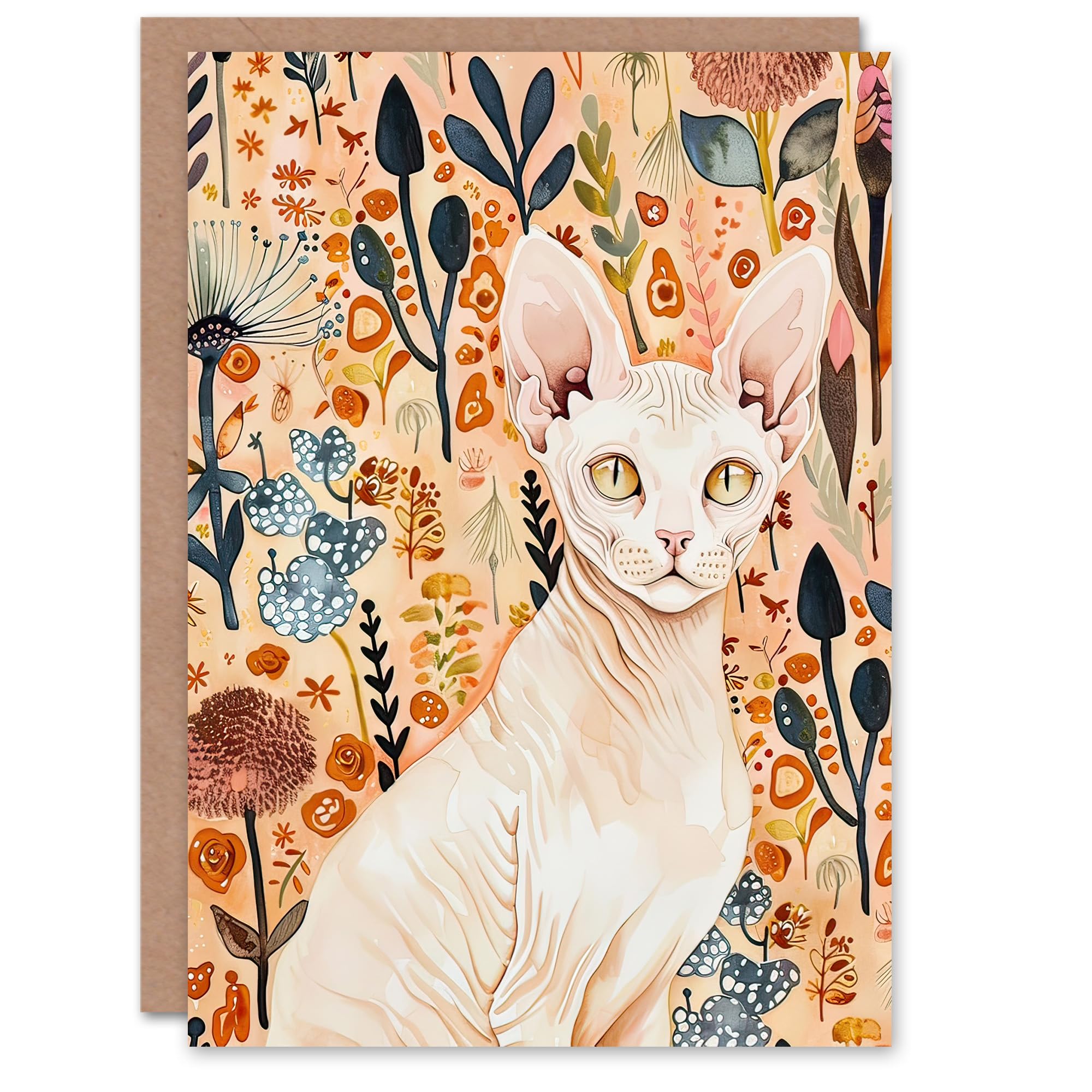 Artery8 Greeting Card Sphynx Cat in Autumn Wildflowers Watercolour Blank For Him Or Her Art Birthday Card
