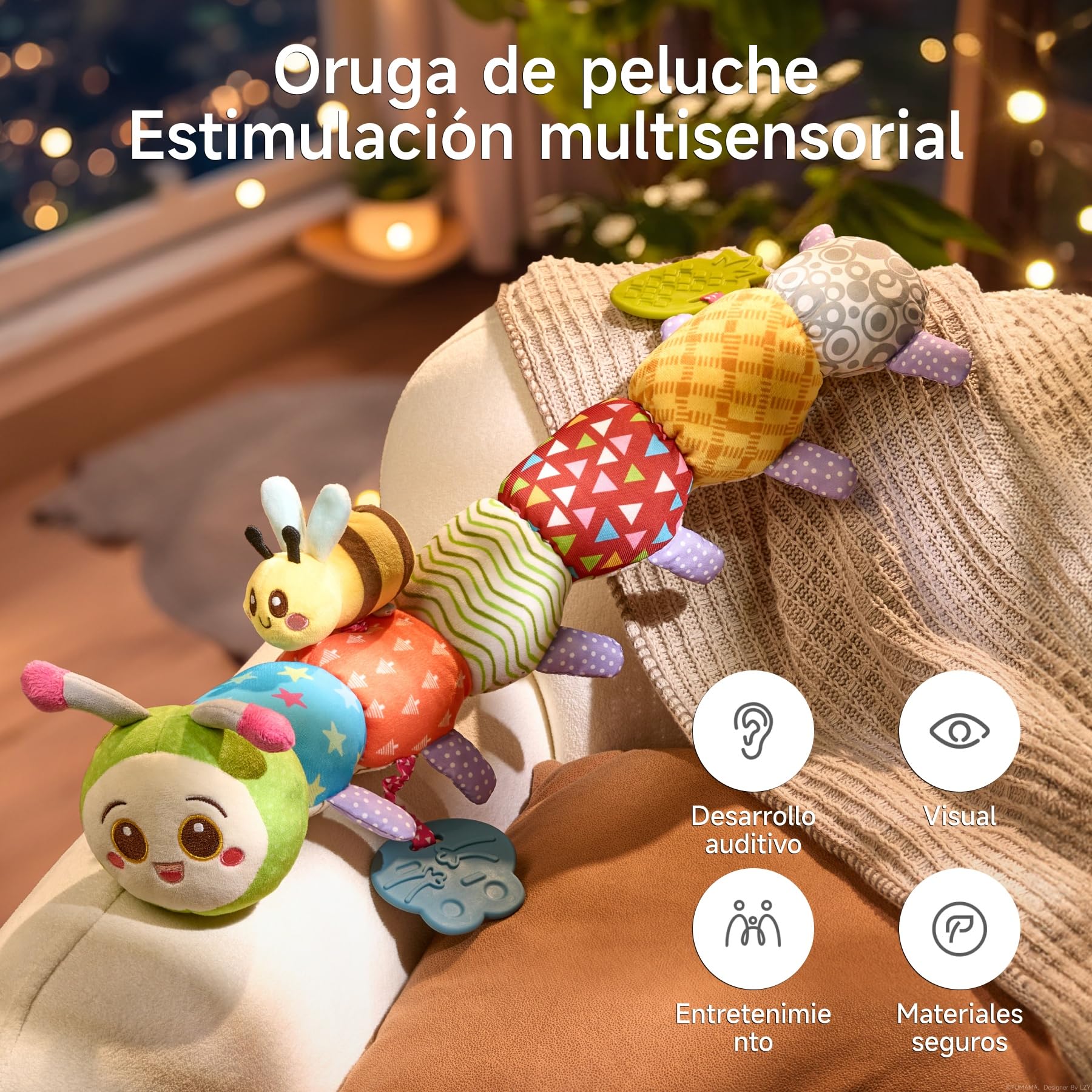 TUMAMA KIDS Juguetes para Bebé 0 3 6 Meses Juguete Oruga, Juguete Sensorial Montessori, Juguete para Bebé Niña Tummy Time, Juguete de Peluche con Sonajero，Anillo para la Dentición, Papel Arrugado