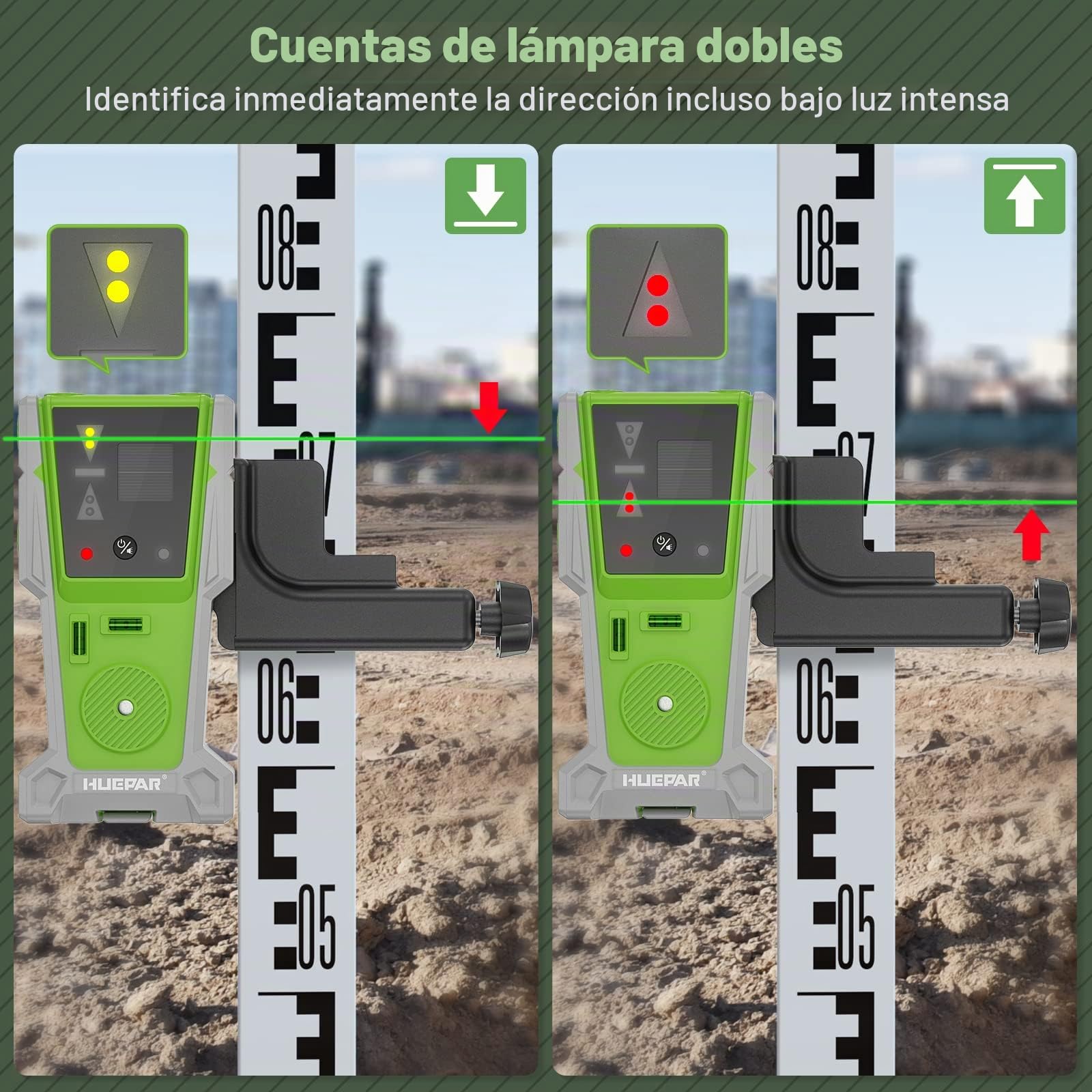 Huepar Detector láser LR-8RG para nivelación láser, receptor láser digital para haz verde y rojo, pantalla LED de doble cara e imán, lámpara doble y zumbador de 90 dB