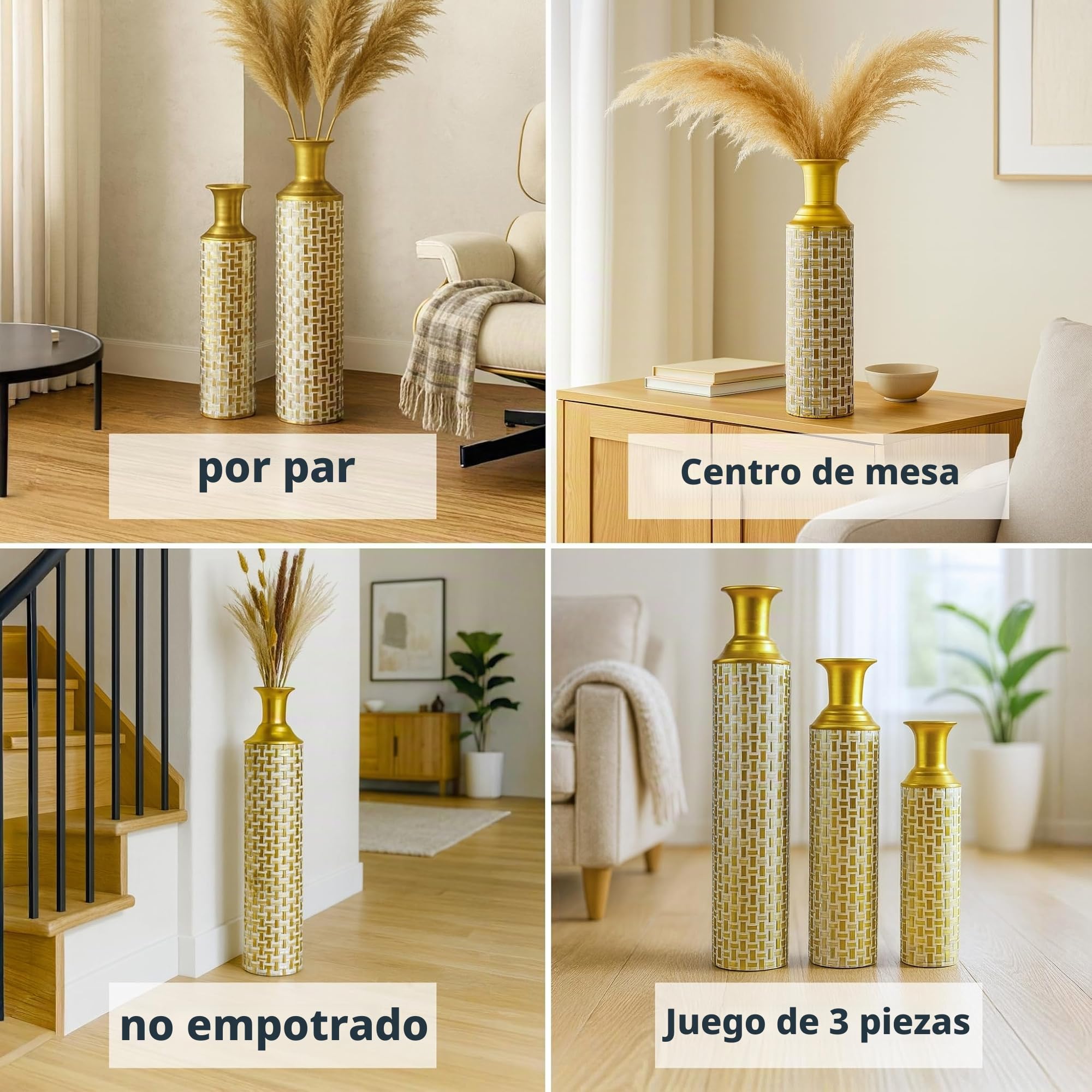 Leewadee Set de 3 Grandes Jarrones de Suelo Metal para Pampa | 3 Jarrones Deco para el Salón, en trío junto a chimenea & TV para Pampa & ramas. Irrompible, sin astillas