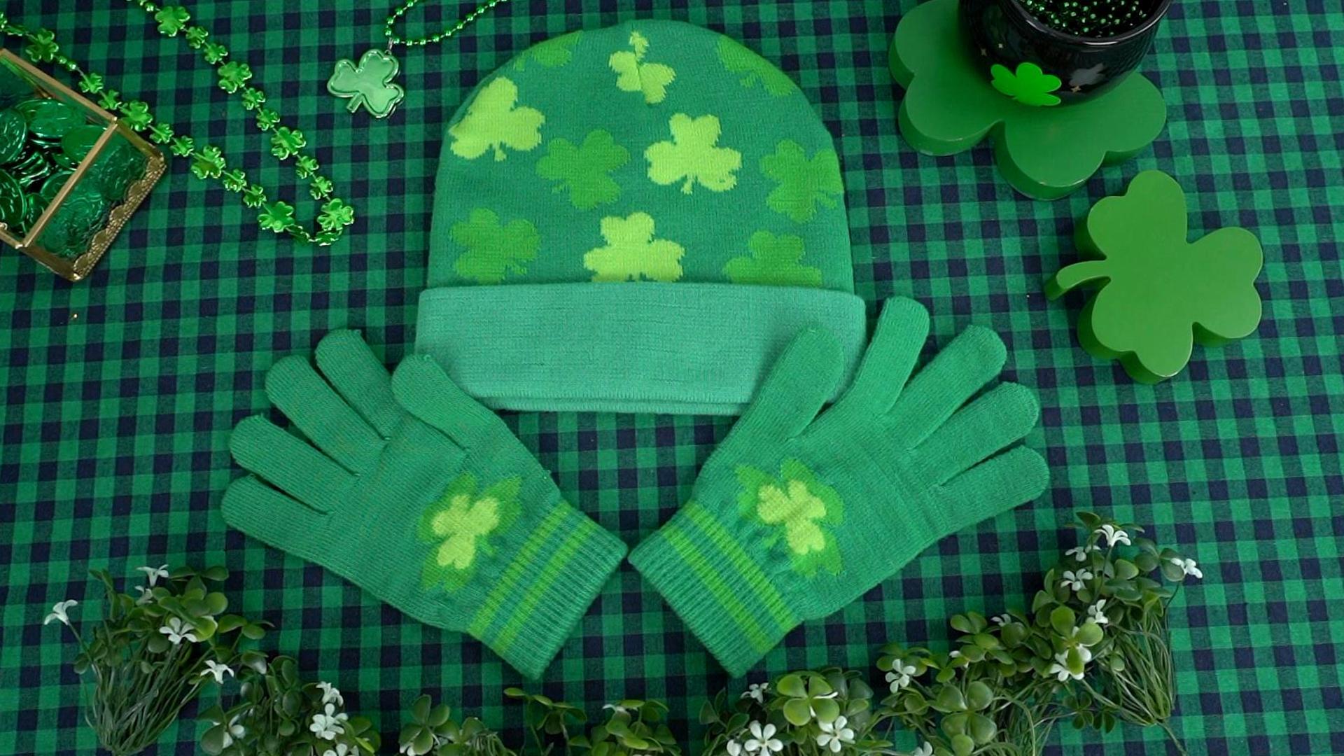 St. Patrick's Day Set: Beanie Mütze & Handschuhe Mit Kleeblatt-Muster (grün) - Für Damen & Herren