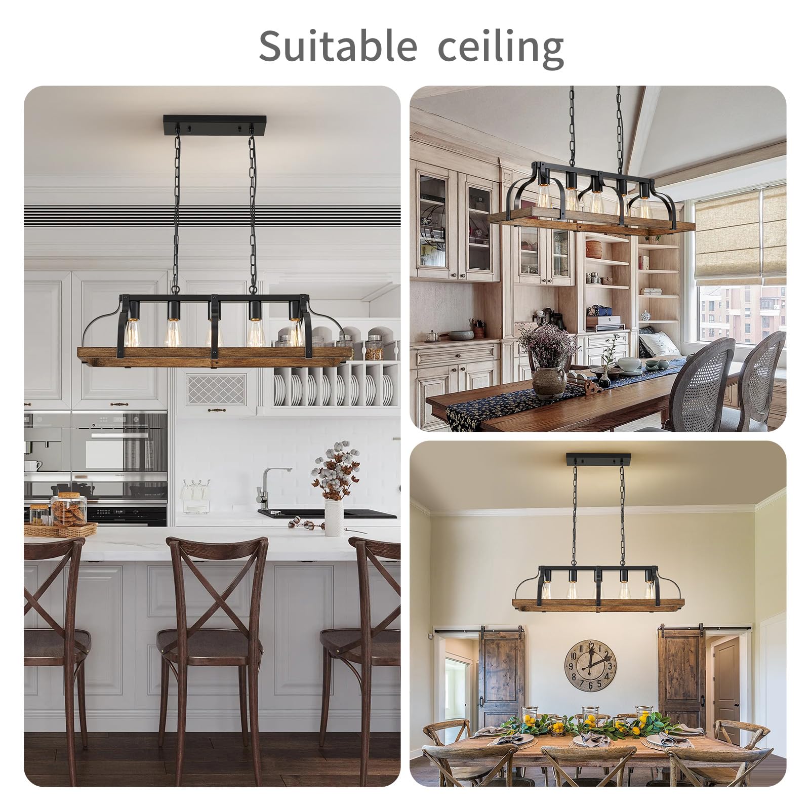 WUZUPS 5 Lustres Métal Léger Imitation Grain de Bois Lampe Suspension Linéaire Éclairage Plafond Rustique Ferme Robinet Cuisine Île Salle à Manger Socle E27 Noir & Bois Rétro