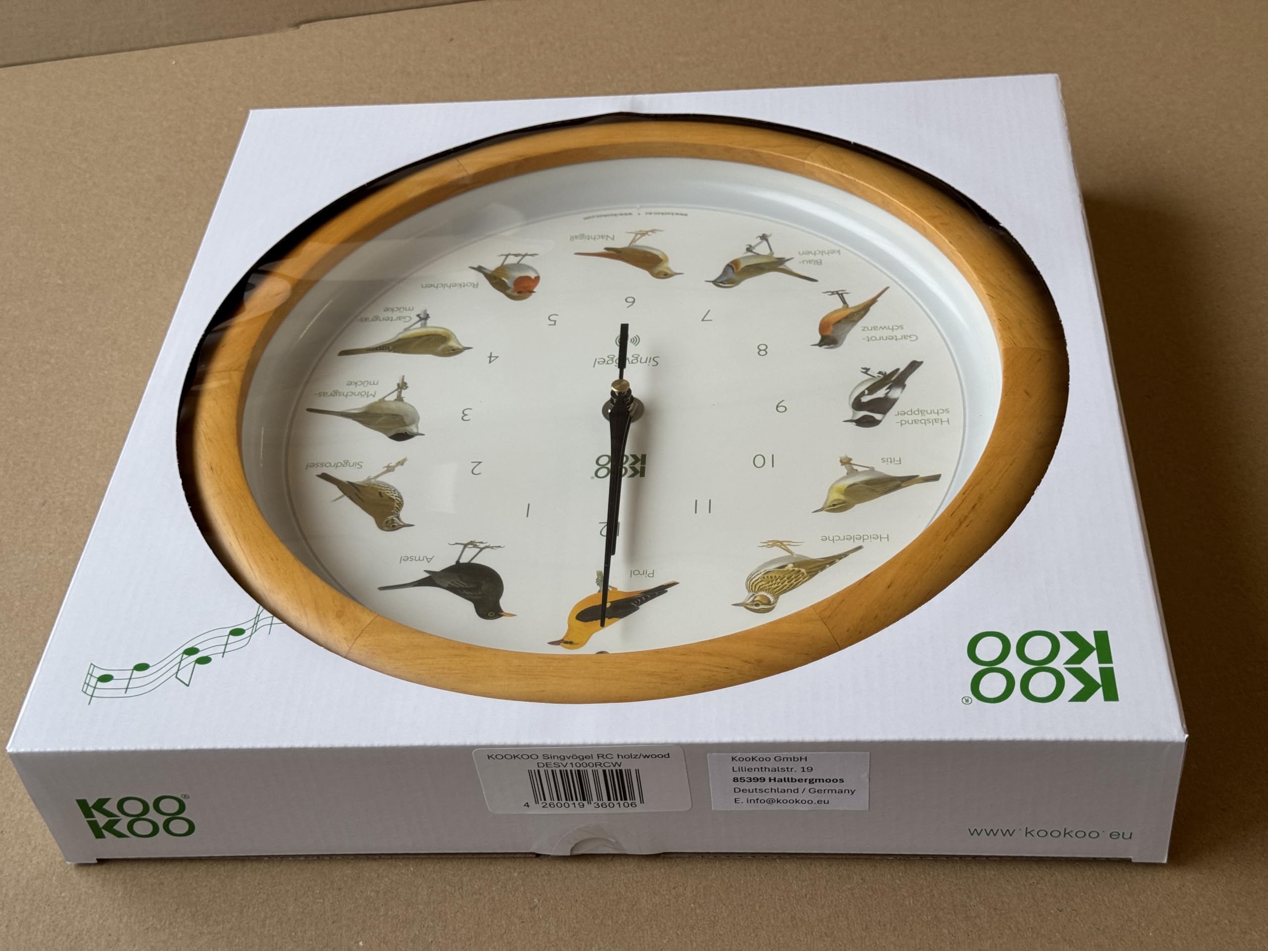 KOOKOO Singvögel RC legna, Orologio con 12 uccelli canterini autoctoni e richiami naturali, con movimento al quarzo radiocontrollato RC