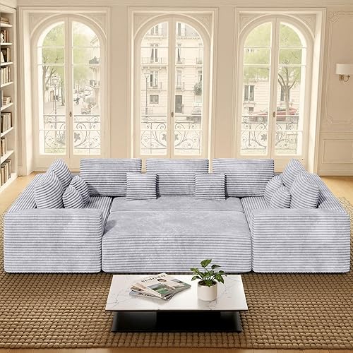 136'' Large Sectional Cloud Couches with Chaise, U Shaped Boneless Sofa Bed with Ottoman, No Assembly Required Deep Seat Modular Lounge for Living Room 4PCS Set, Bedroom(Light Grey)