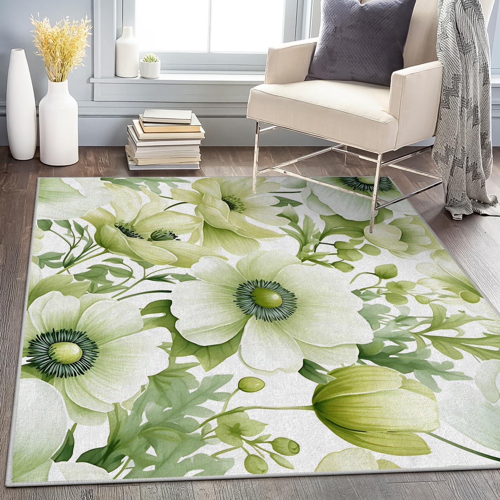 緑色 花柄 ラグ・カーペット　10％値下げしました Amazon.co.jp: ラグマット 緑の花 100x150 長方形 フラワーズ柄
