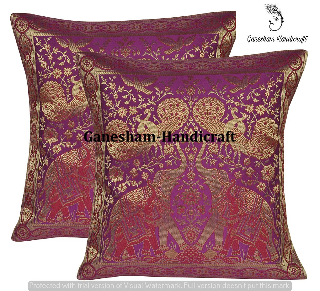 GANESHAM Federe Per Cuscino Artigianali In Seta Zari - Stile Vintage Indiano, Bohémien, 43x43cm (2 Pezzi) - 3