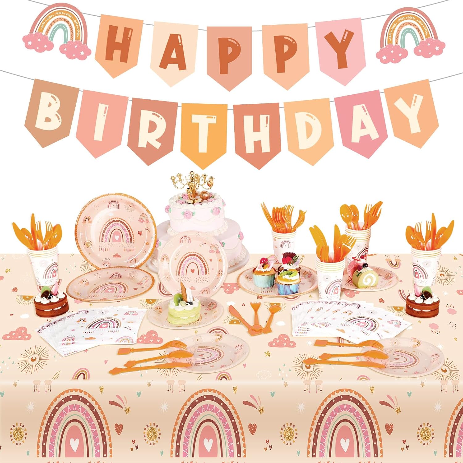 Buryeah 212 Pcs Rainbow Party Supplies Rainbow Birthday Party Decoration Happy Birthday Banner Pastel Paper Plates Tablecloth Cups Napkins Cutlery Fork Spoon Knife for 30 Guests(Boho Style)