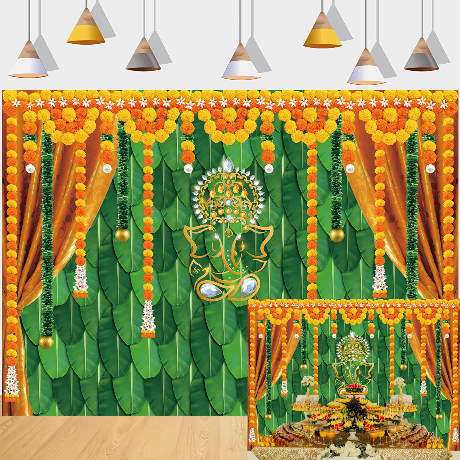 Photo 1 of Indian Pooja Traditional Backdrop Diwali Ganpati Ganesh Marigold Puja Photography Background Green Banana Leaves Adult Religious Service Weeding Decorations 7x5FT 7x5FT(width 210cm x Height 150cm)