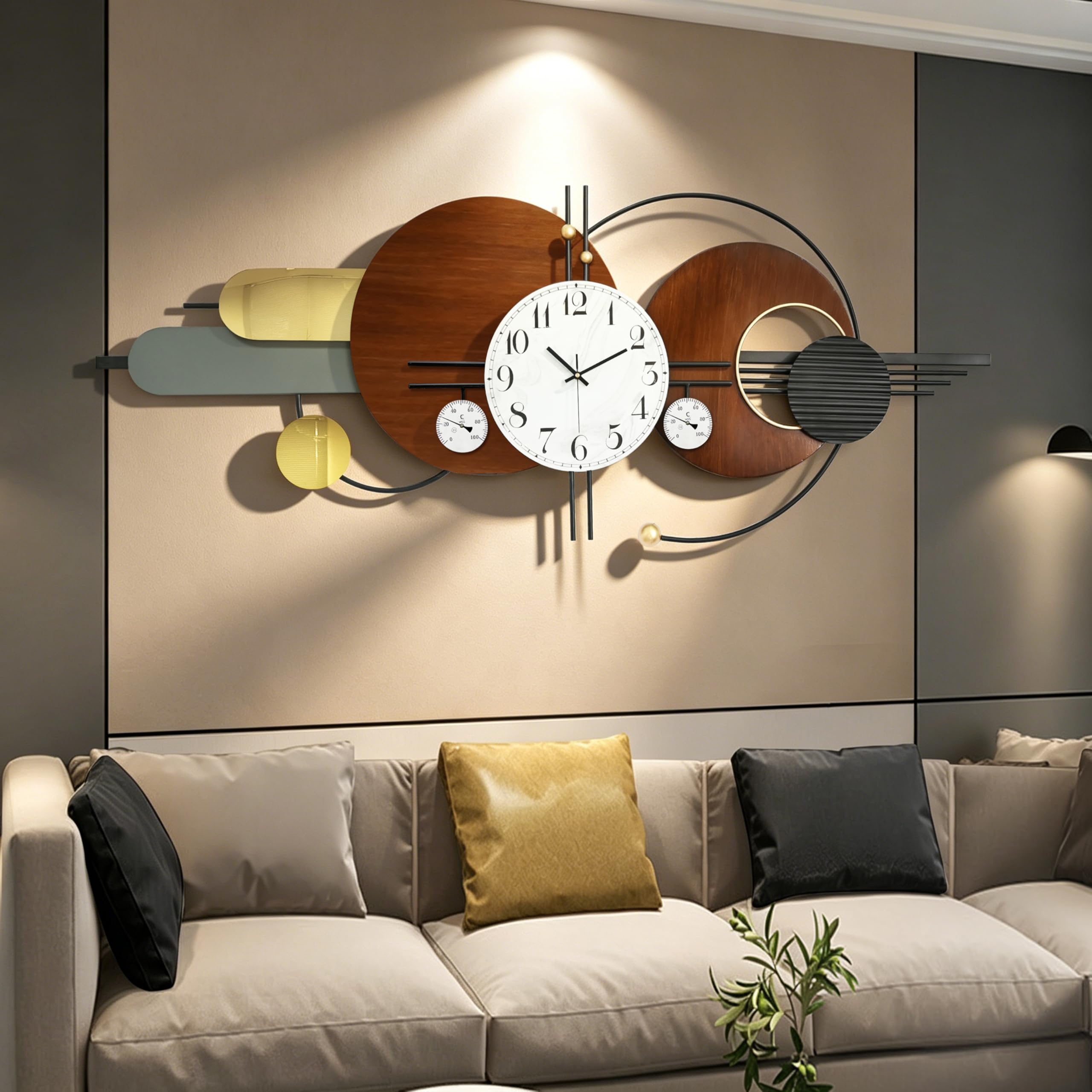 View 1 of ** PARTS ONLY ITEM IS SCRATCHED AND MISSING PARTS, UNKNOWN IF FUNCTIONAL**
Ironelle Large Modern Silent Metal Wall Clock - Brown/White (59x23 in)