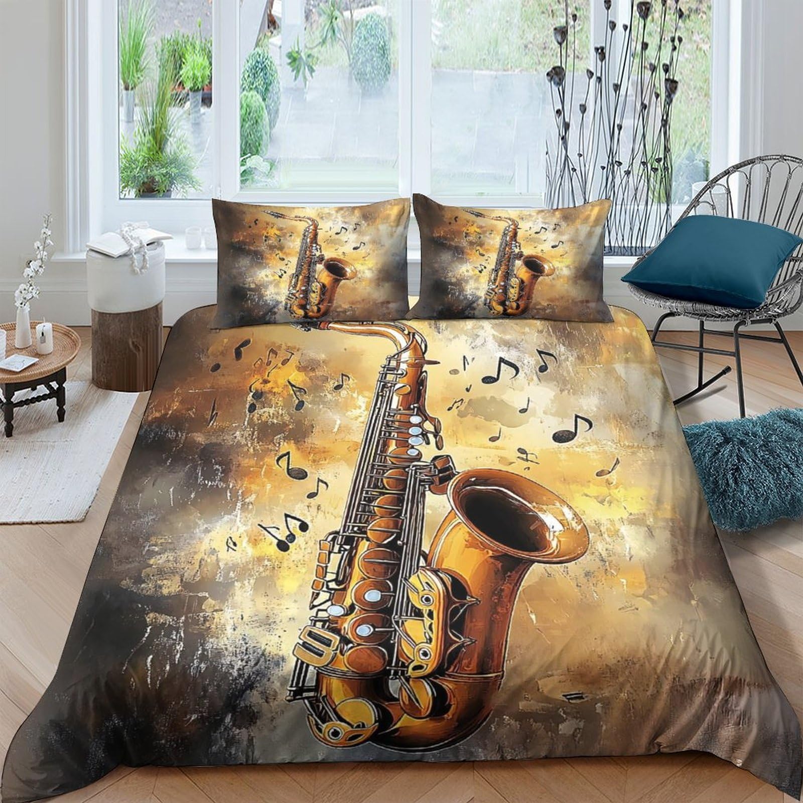 Ctjqhvkz Style-9 3D Printed Saxophone Melody Fitted Sheet Microfiber Soft Breathable Music Notes Mattress Cover For Bedroom Dorm Mattress Protection Decor Single（135X200cm）